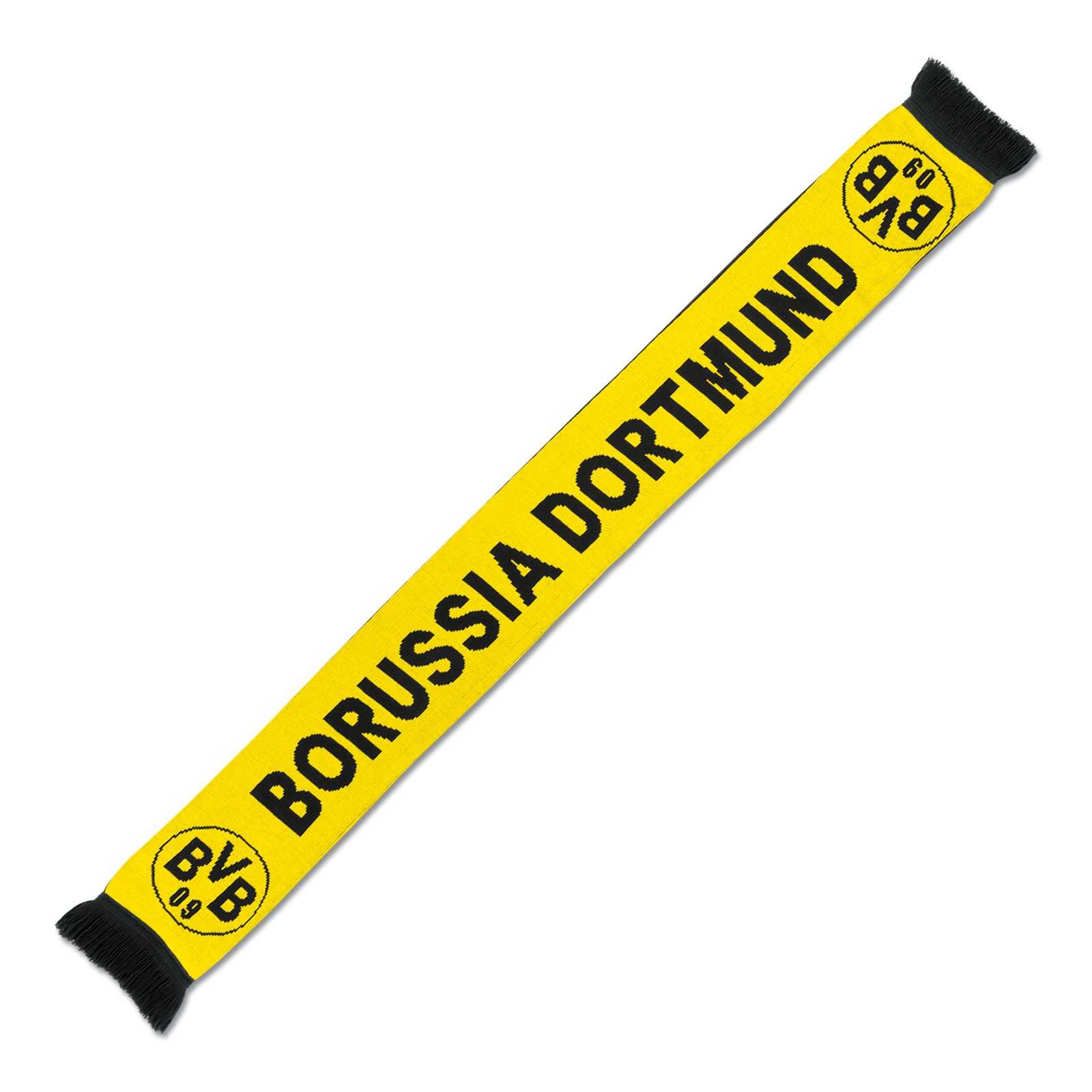 BVB-Schal-Borussia Dortmund in der Vorderansicht, schwarzgelb mit BVB-Emblem an den Enden und großem "Borussia Dortmund"-Schriftzug in Schwarz.