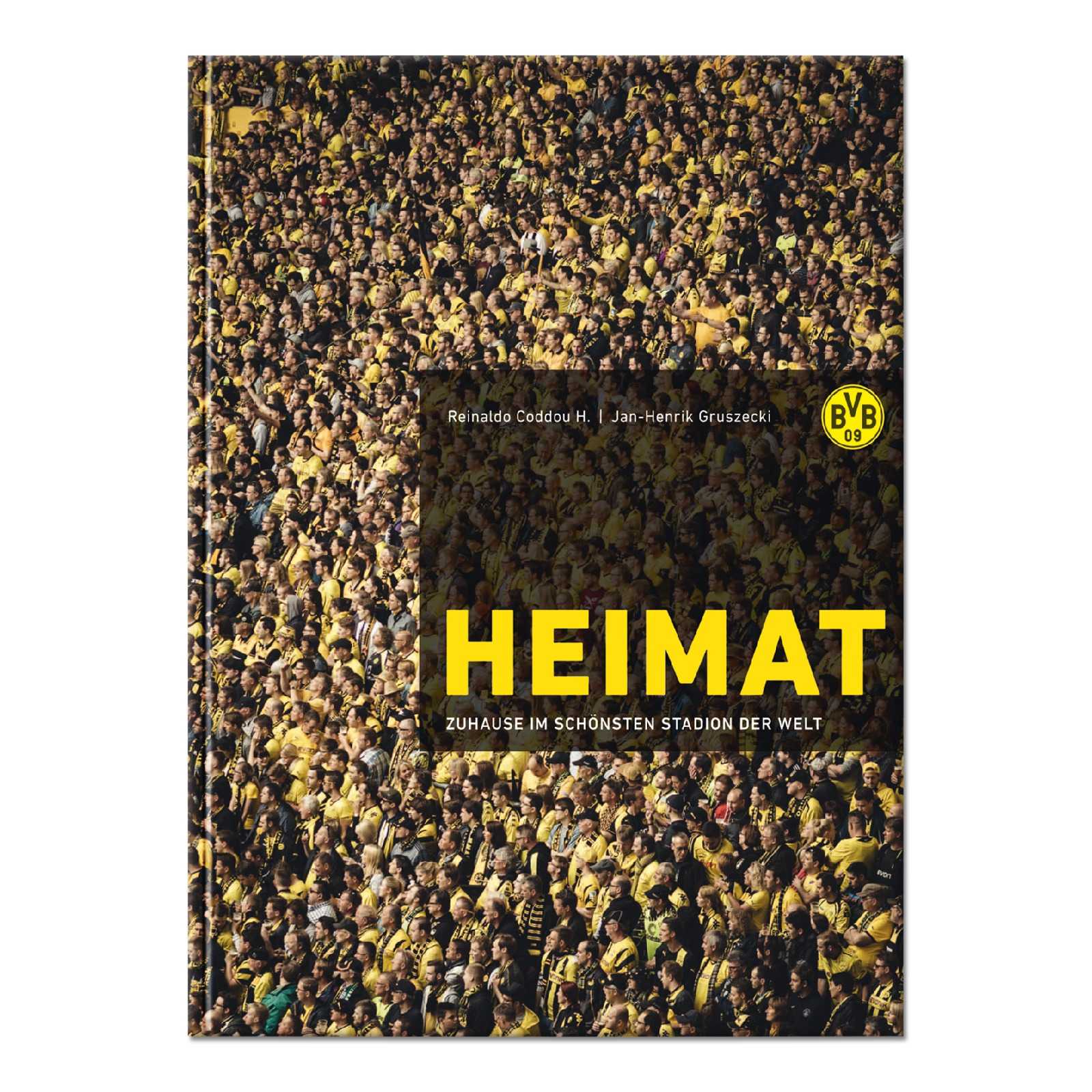 Vorderansicht des BVB-Buchs "Heimat – zu Hause im schönsten Stadion" mit schwarzgelbem Fanmotiv und BVB-Emblem auf dem Cover.