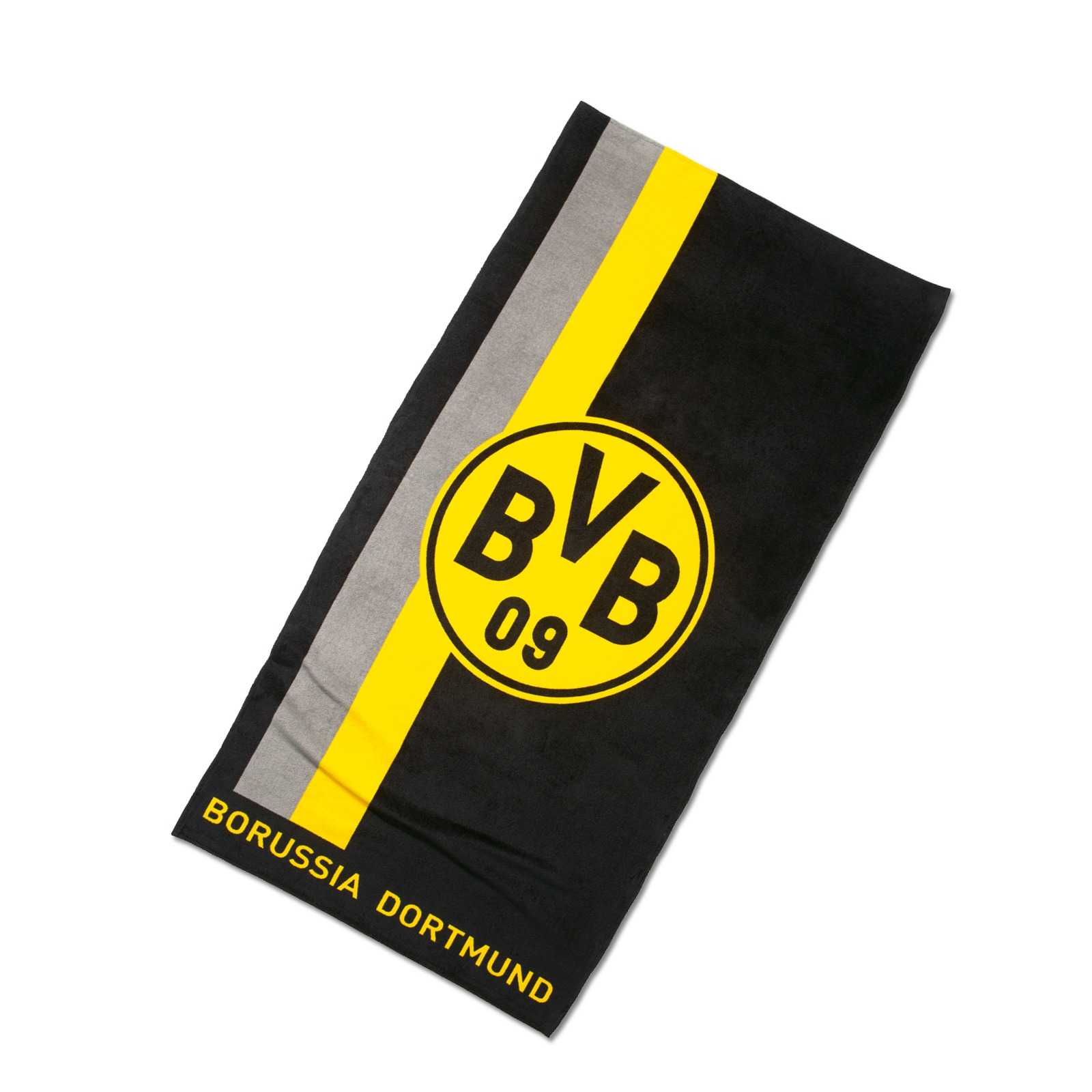 Vorderansicht des BVB-Duschtuchs mit Logo im Streifenmuster; schwarzgelbes BVB-Emblem mittig, Schriftzug "Borussia Dortmund" am unteren Rand.