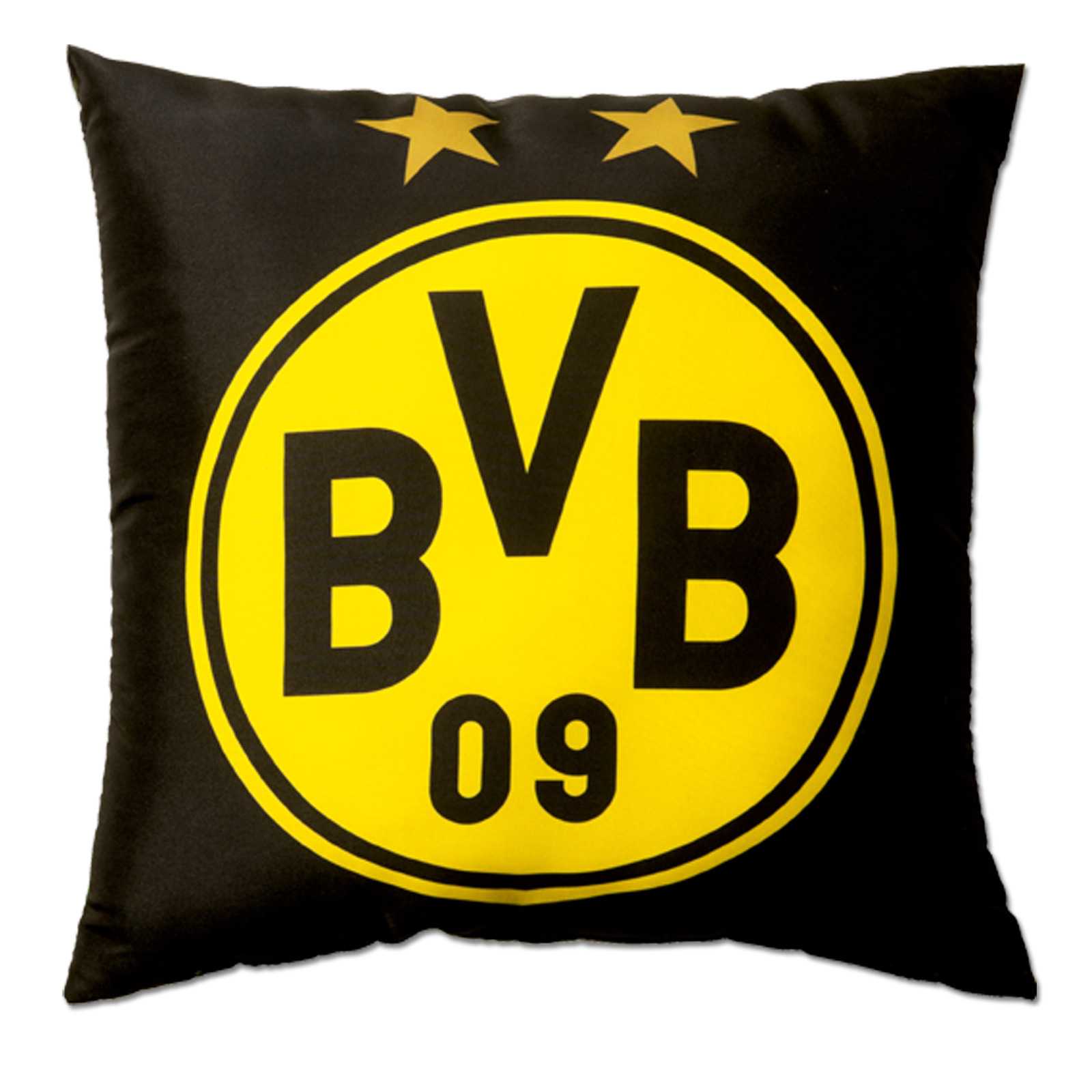 Vorderansicht des BVB-Kissen Südtribüne in schwarzgelb mit großem BVB-Emblem und zwei Sternen auf der Oberseite.