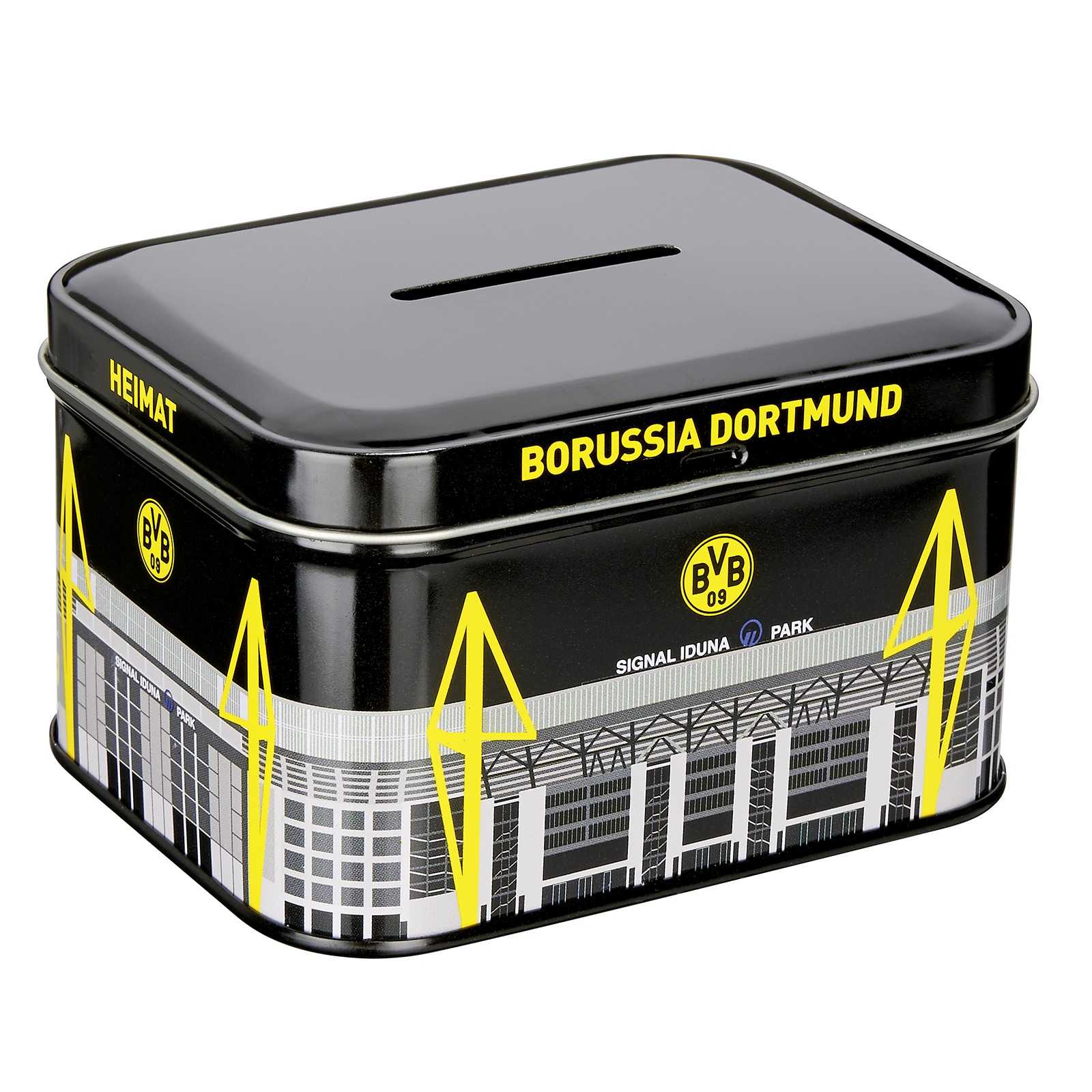BVB-Metallspardose in schwarzgelb mit SIGNAL IDUNA PARK-Motiv, BVB-Emblem und Borussia Dortmund-Schriftzug, Frontansicht.