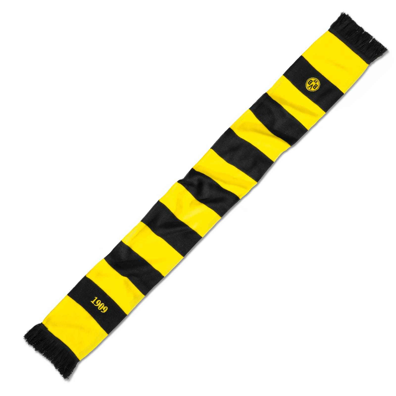BVB-Schal mit Blockstreifen in schwarzgelb, seitliche Ansicht. Auf dem Schal sind das BVB-Emblem und die Jahreszahl 1909 zu sehen.