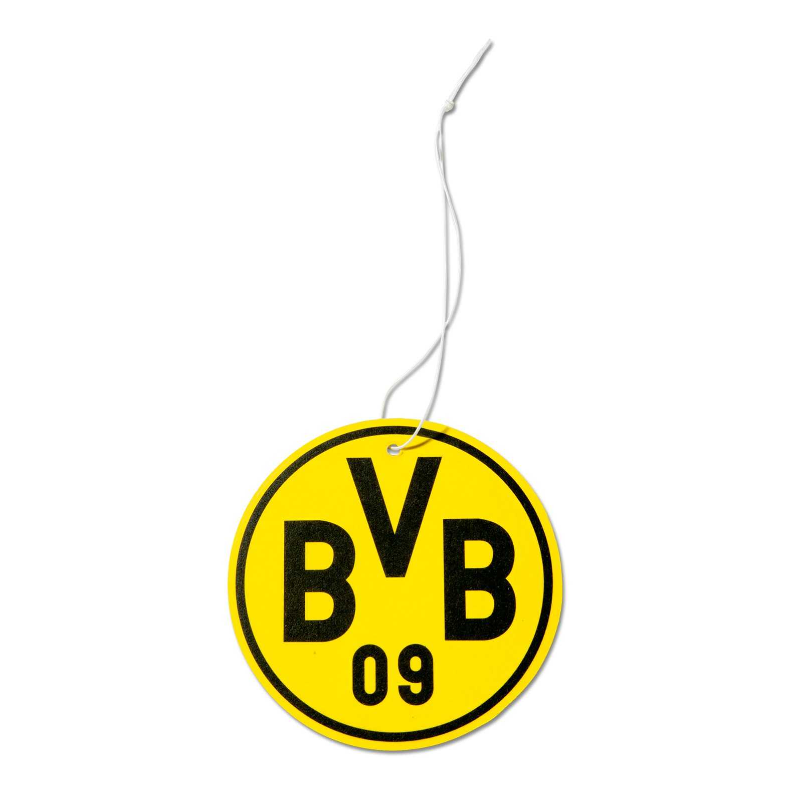 Vorderansicht des runden BVB-Lufterfrischers in schwarzgelb mit großem BVB-Emblem und Aufhängeschnur.