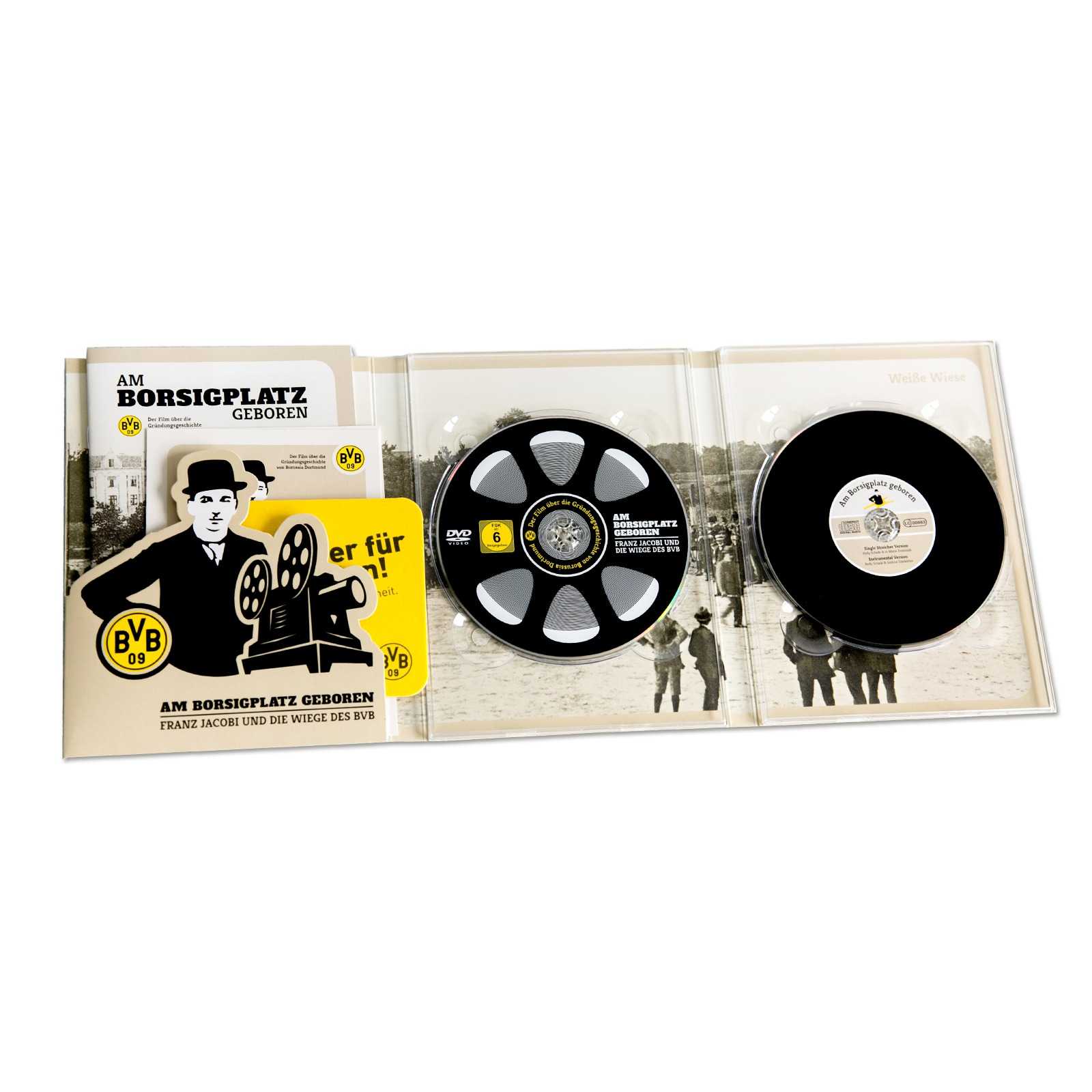 Geöffnete DVD-Verpackung „Am Borsigplatz geboren“ mit BVB-Emblem, Booklet und zwei Discs im schwarzgelben Design in der Vorderansicht.