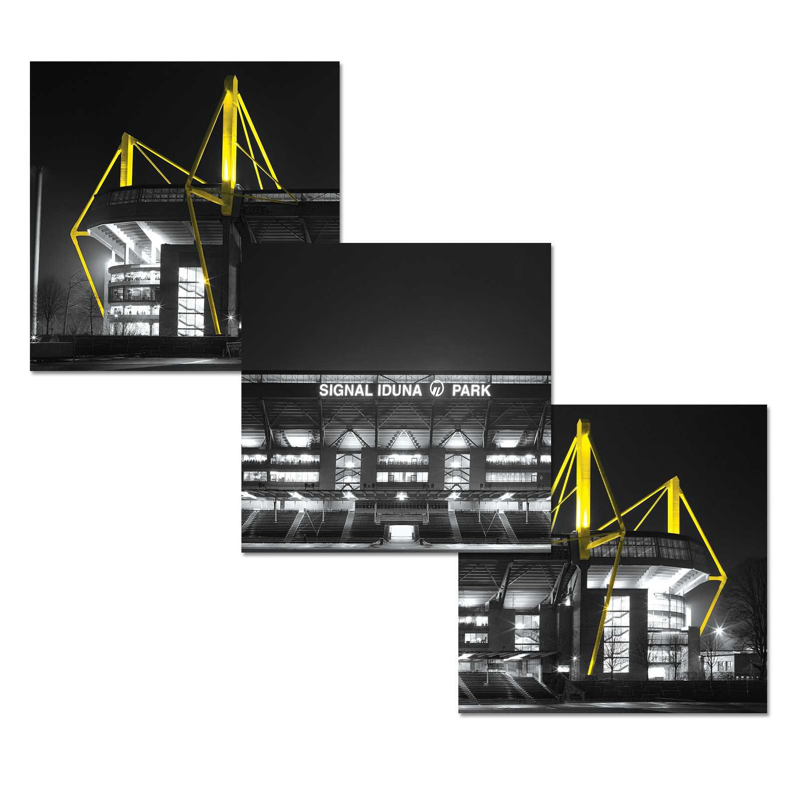 BVB-Kunstdruck-Serie SIGNAL IDUNA PARK zeigt drei schwarzgelbe Kunstdrucke des Stadions, jeweils mit markanten gelben Dachträgern und Stadionansichten.