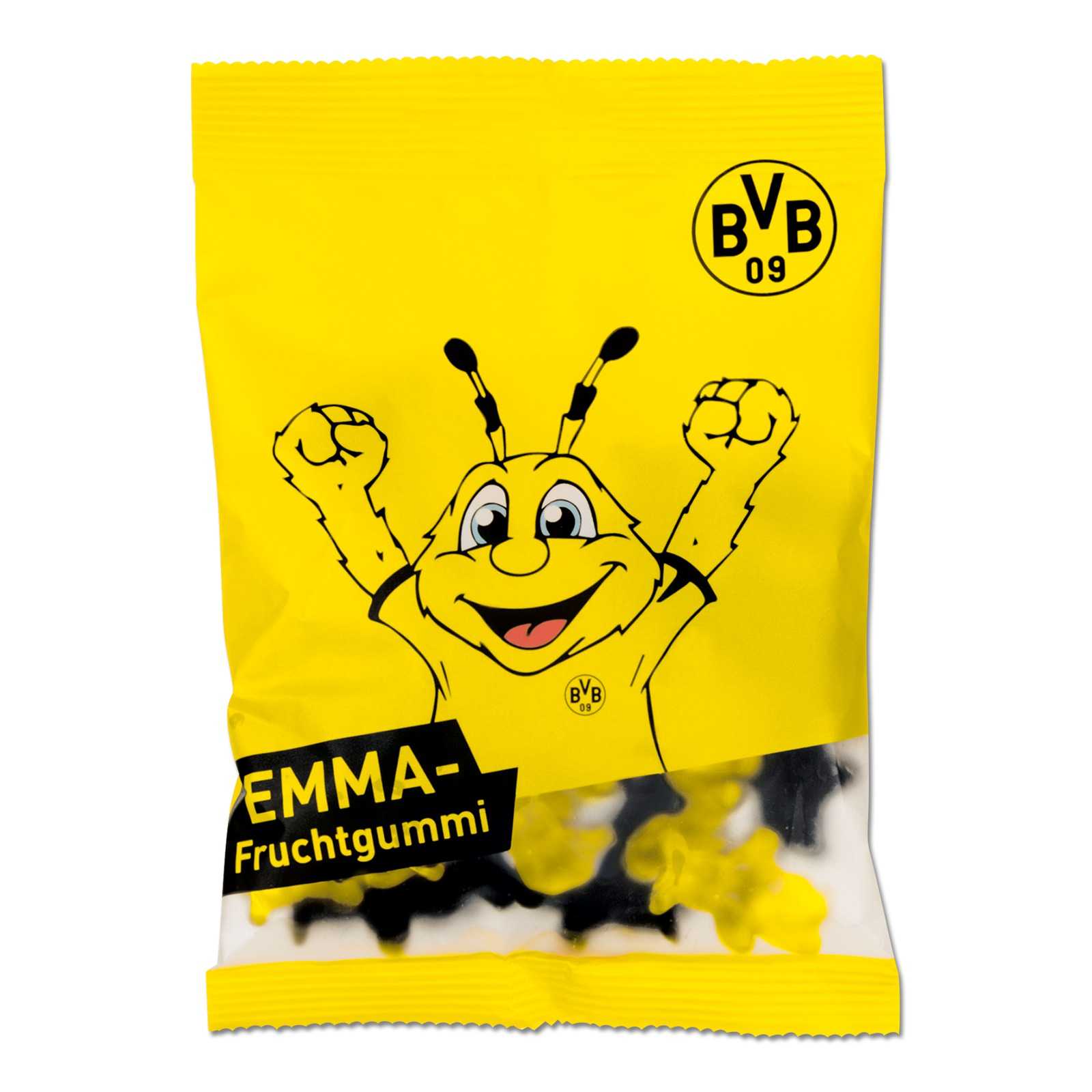 Die schwarzgelbe Fruchtgummipackung mit einer jubelnden EMMA