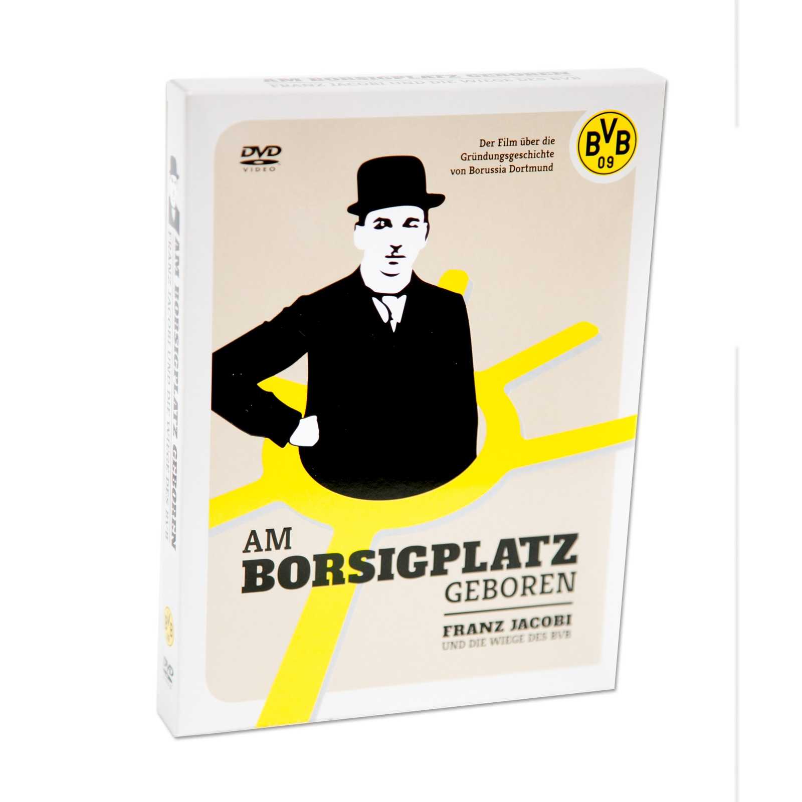 Vorderansicht der DVD „Am Borsigplatz geboren“ mit schwarzgelbem BVB-Emblem und einer Grafik von Franz Jacobi vor stilisiertem Borsigplatz.