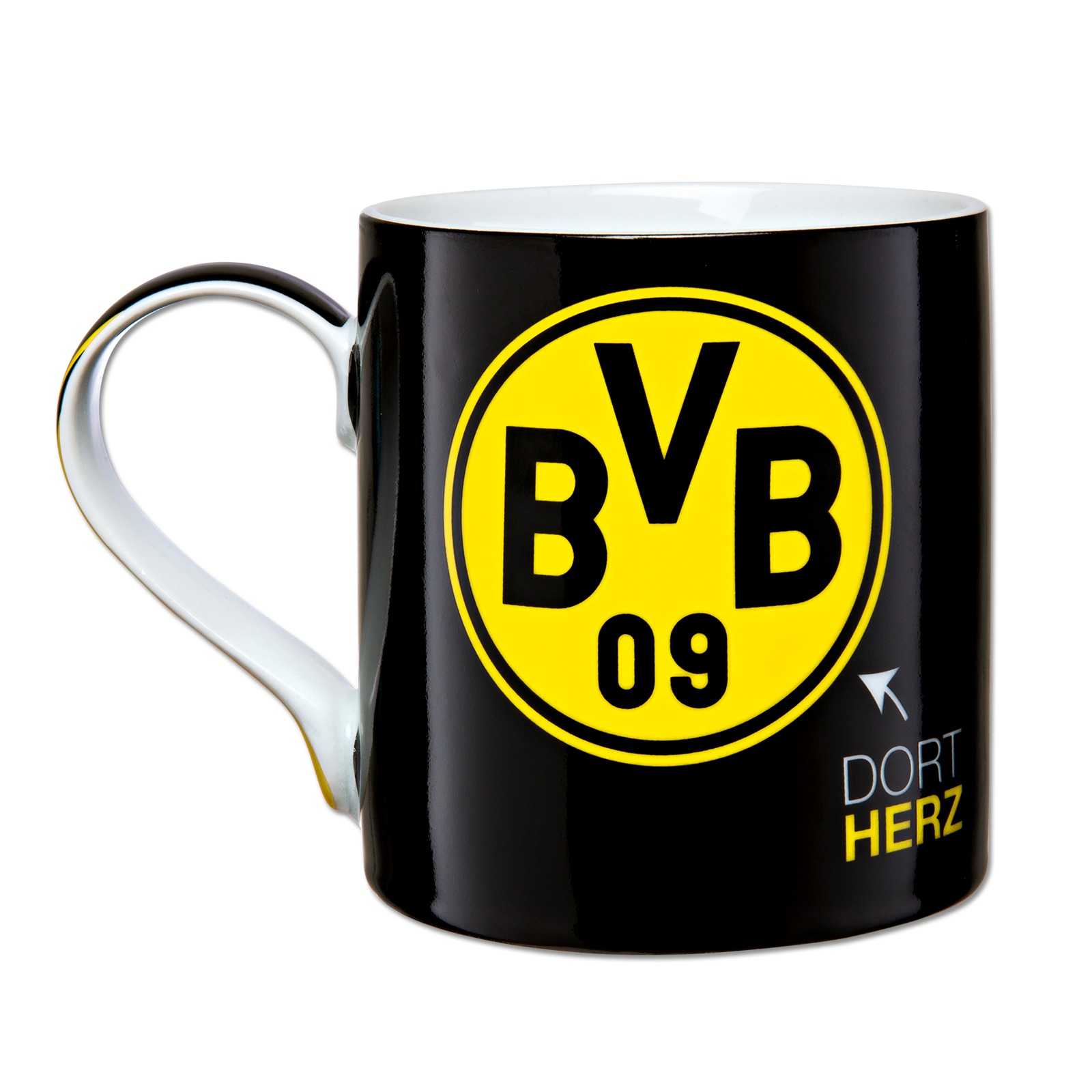 Vorderansicht der schwarzgelben BVB-Tasse-Dortmund mit großem BVB-Emblem und dem Schriftzug "DORT HERZ" auf schwarzem Hintergrund.