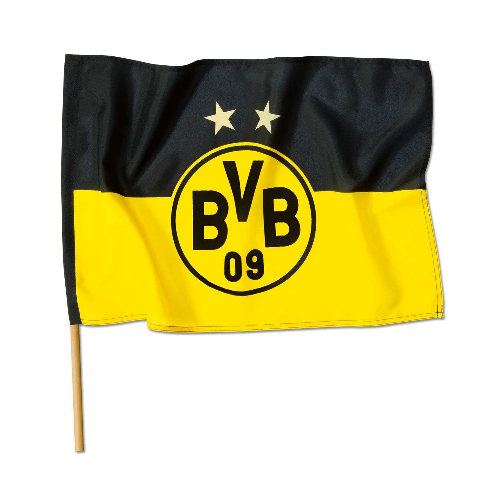 Vorderansicht der BVB-Stockfahne (90x60 cm) in schwarzgelb mit großem BVB-Emblem und zwei Sternen auf einem Fahnenstock.
