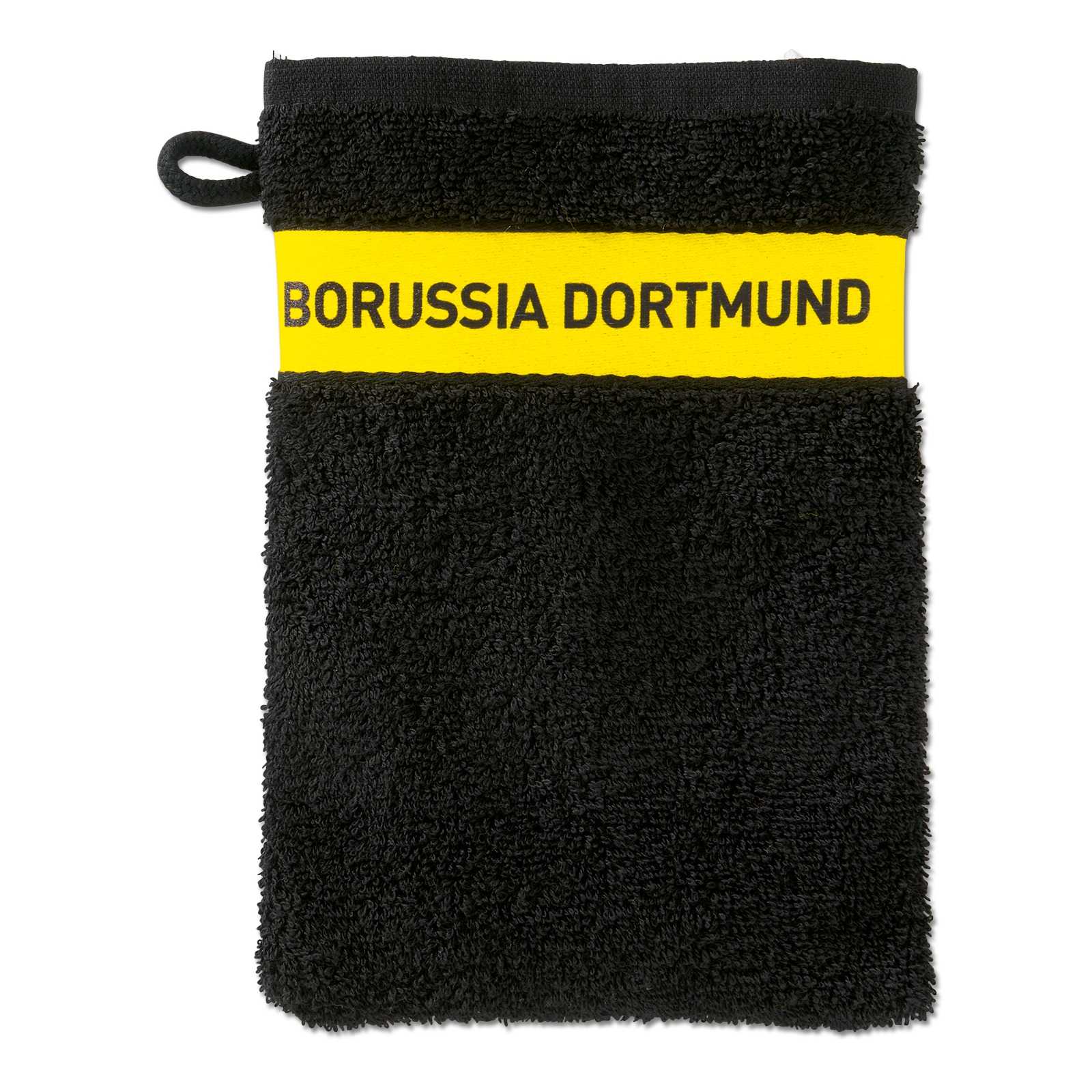 Vorderansicht des BVB-Waschhandschuhs (schwarz) mit gelbem Streifen und schwarzem "BORUSSIA DORTMUND"-Schriftzug auf der Oberseite.