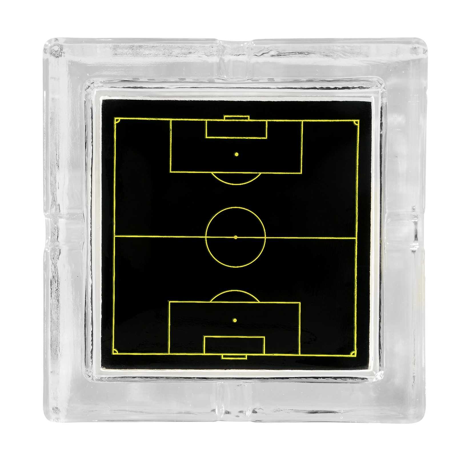 Draufsicht des BVB-Aschenbechers aus Glas mit schwarzgelbem Fußballfeld-Design auf schwarzem Hintergrund. Rechteckige Form, ohne BVB-Emblem.