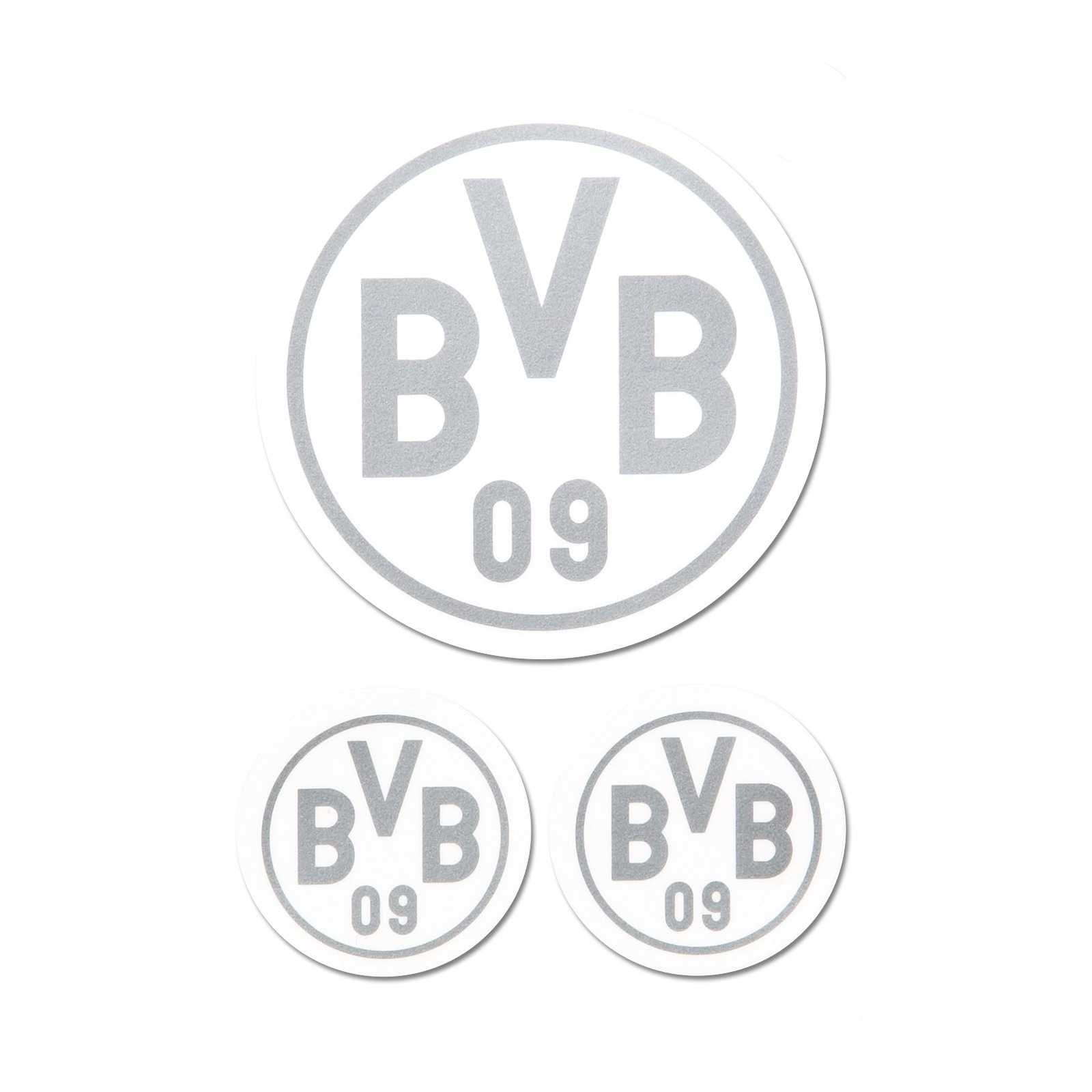 Frontalansicht des BVB-Aufkleber (silber, 3er-Set) mit drei runden, silberfarbenen Stickern im klassischen BVB-Emblem-Design auf weißem Hintergrund.