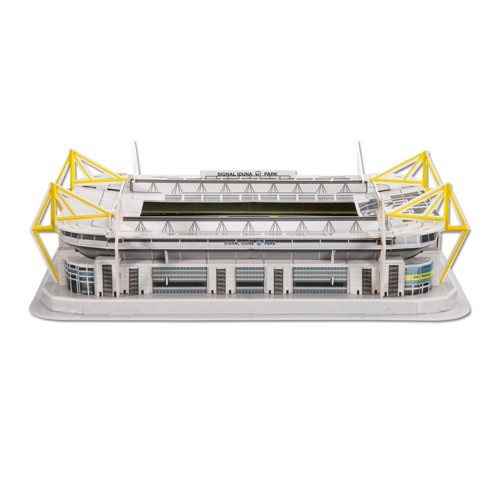 Frontale Ansicht des BVB-3D-Stadionpuzzles zeigt SIGNAL IDUNA PARK mit markanten gelben Streben und detailgetreuer Nachbildung der Stadionstruktur.