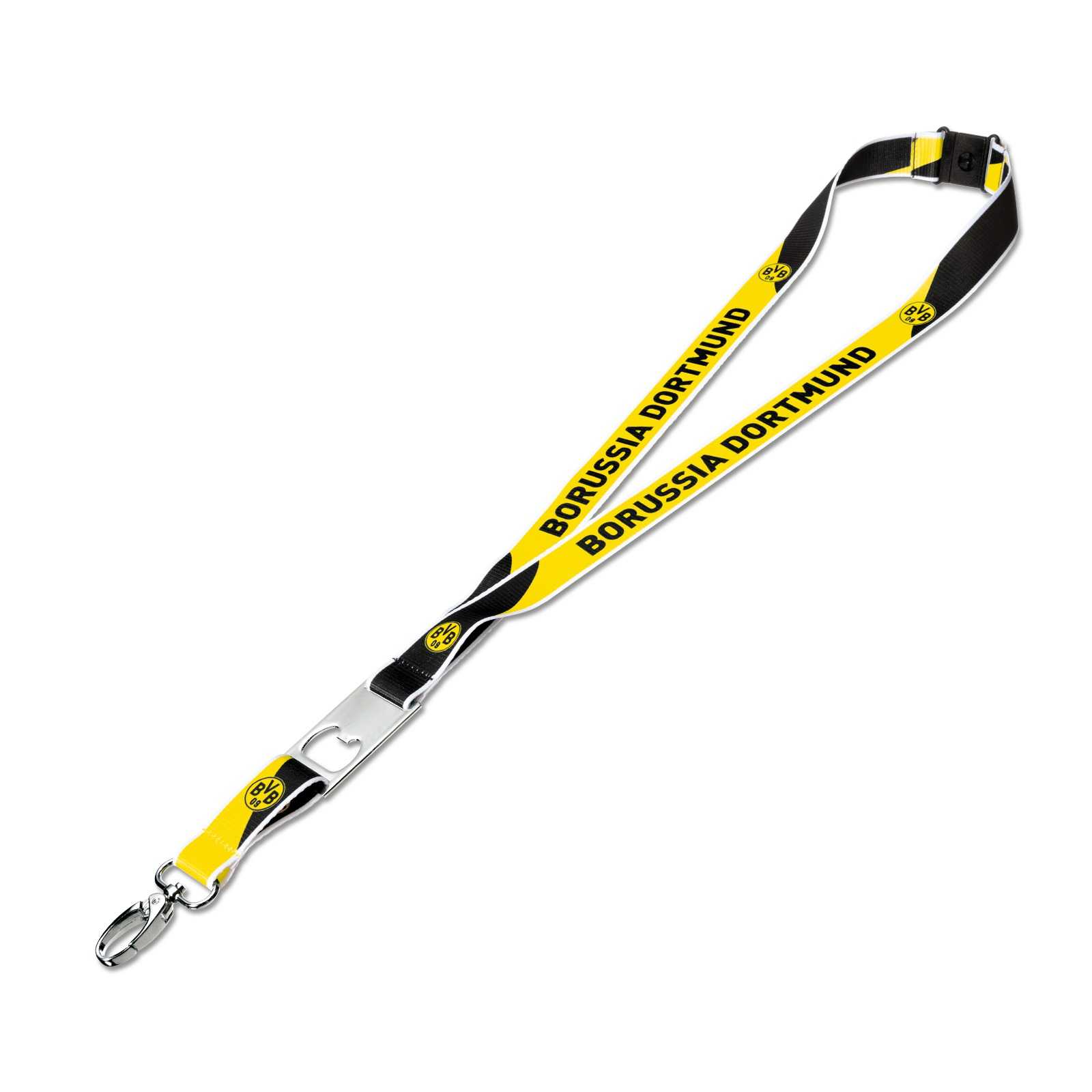 BVB-Schlüsselband mit Flaschenöffner in schwarzgelb, Vorderansicht. Mit BVB-Emblem und schwarzem "Borussia Dortmund"-Schriftzug auf gelbem Band.