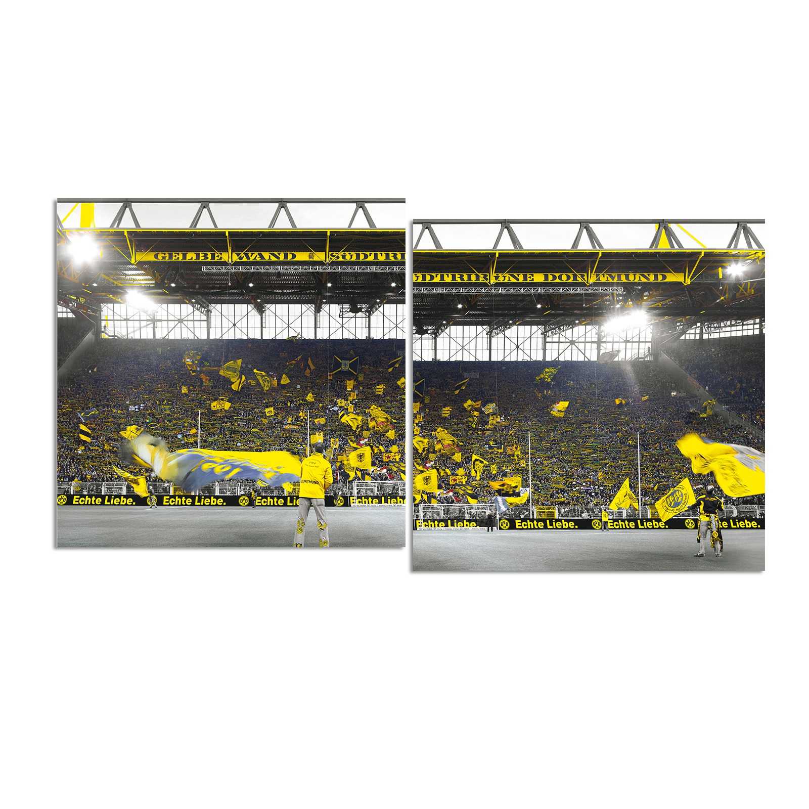 Kunstdruck „Südtribüne“ 100x50 cm zeigt die stimmungsvolle schwarzgelbe Fankulisse im SIGNAL IDUNA PARK mit wehenden Fahnen auf der Südtribüne.
