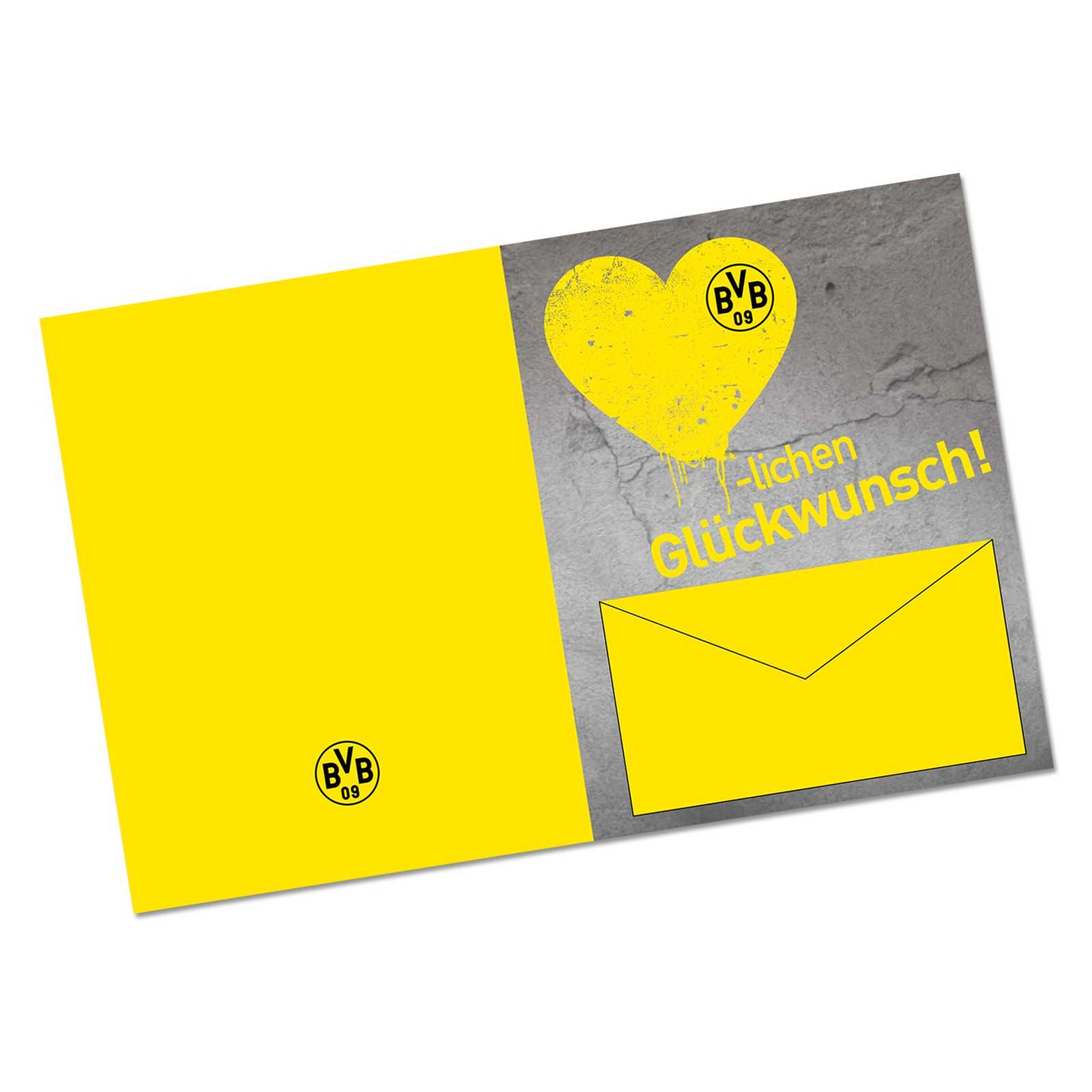 Innenansicht der BVB-Geldscheinkarte in schwarzgelbem Design mit BVB-Emblem, gelbem Herz und Umschlagfach sowie Glückwunsch-Schriftzug.