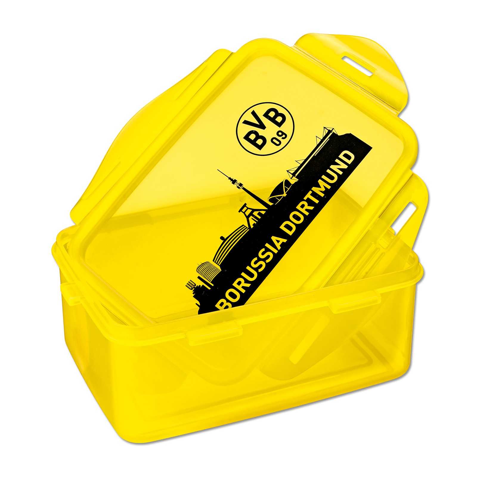 Vorderansicht der gelben BVB-Brotdose (2 Stück) mit schwarzem BVB-Emblem und Skyline von Dortmund auf dem Deckel.