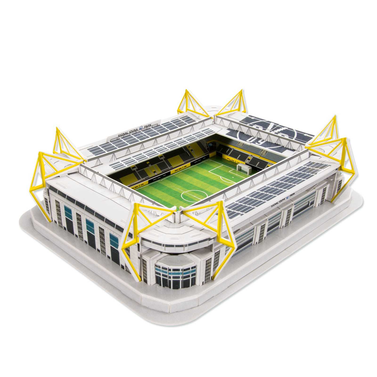 Schrägansicht des BVB-3D-Stadionpuzzles mit detailreicher Nachbildung des SIGNAL IDUNA PARK in weiß und schwarzgelb. Das Spielfeld ist gut sichtbar.