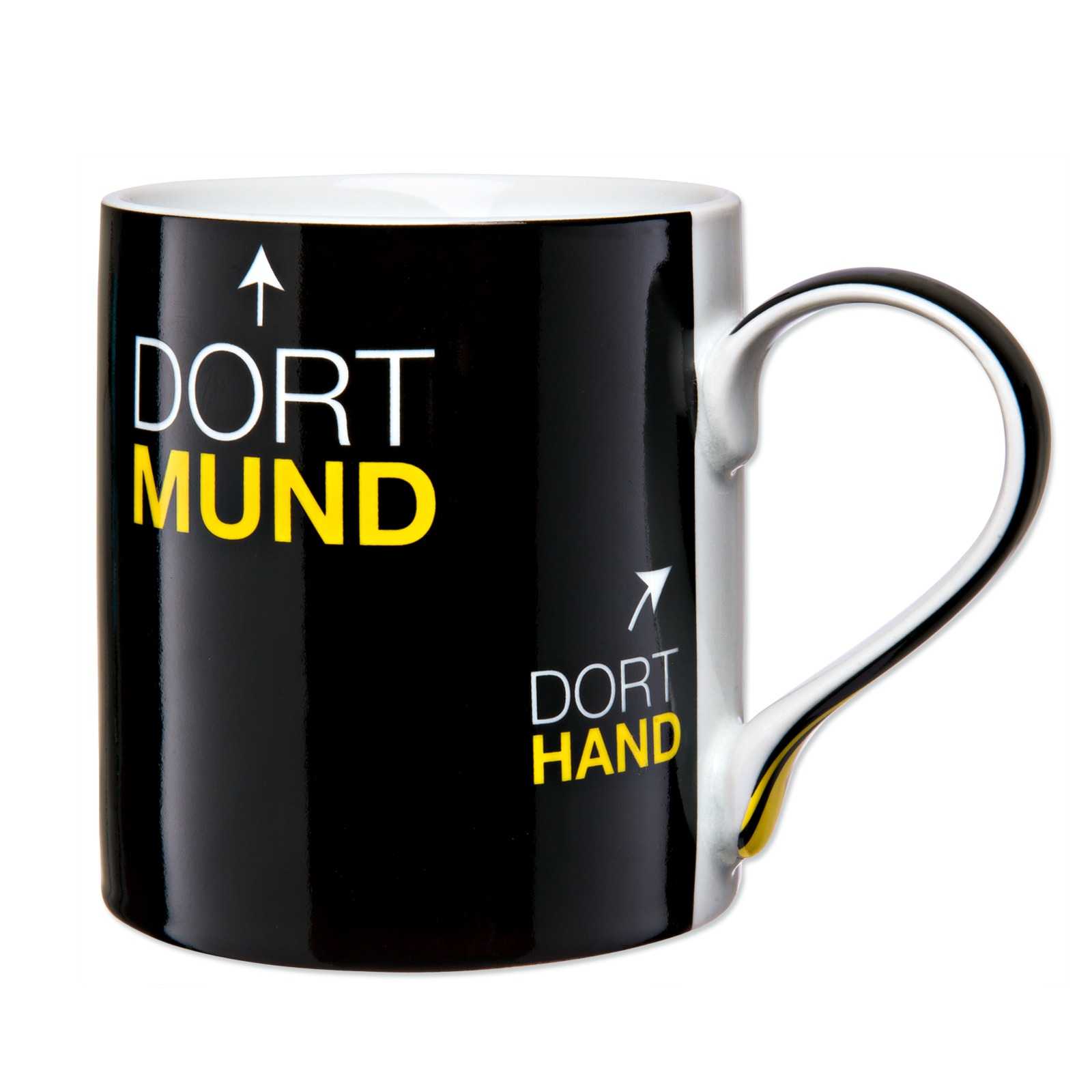 Vorderansicht der schwarzgelben BVB-Tasse-Dortmund mit Aufschrift "DORTMUND" und "DORTHAND" sowie gelben Akzenten am Henkel.