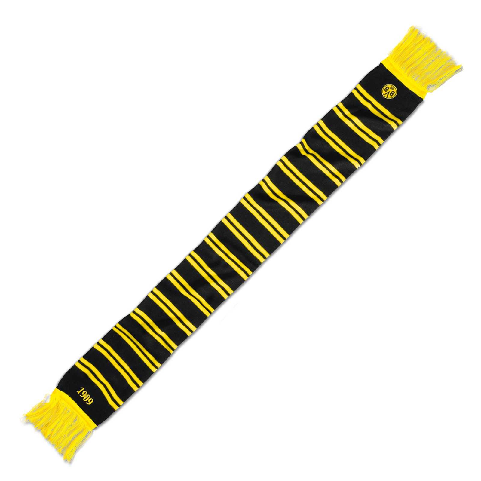 BVB-Schal mit Ringelstreifen (schwarz) in schwarzgelb, flache Ansicht; gelbe Fransen, BVB-Emblem und die Zahl 1909 aufgestickt.