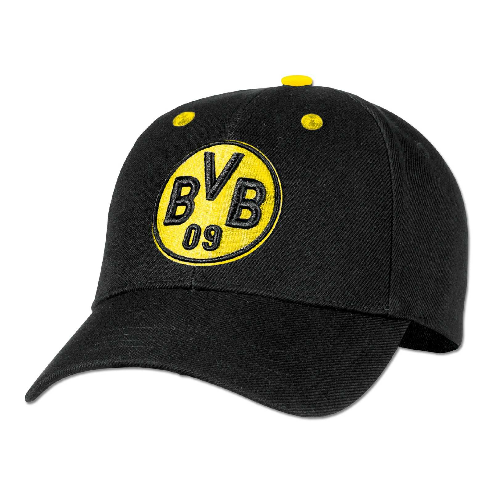 Vorderansicht der BVB-Kappe (schwarzgelb) mit gesticktem BVB-Emblem auf der Front und gelben Akzenten auf schwarzem Stoff.
