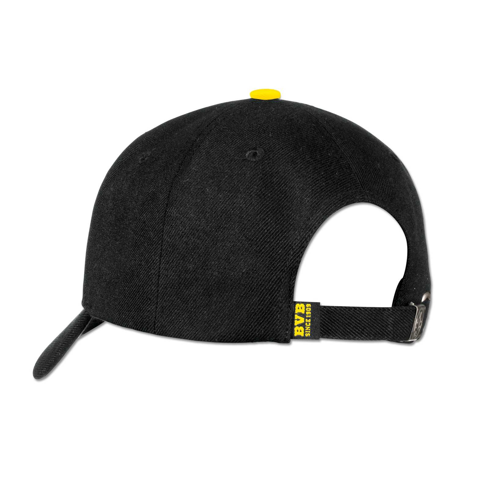 Rückansicht der schwarzgelben BVB-Kappe mit gelbem Knopf oben, verstellbarem Riemen und gelbem BVB-Label an der Rückseite.