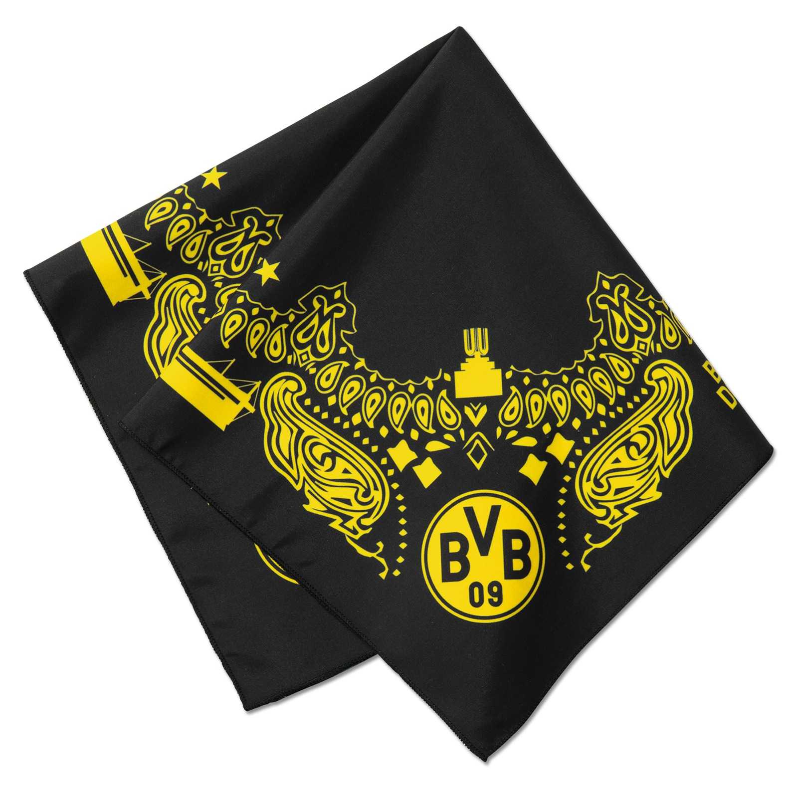 Schwarzgelbes BVB-Halstuch in Draufsicht mit gelbem Paisleymuster und BVB-Emblem, dekorativ gefaltet.