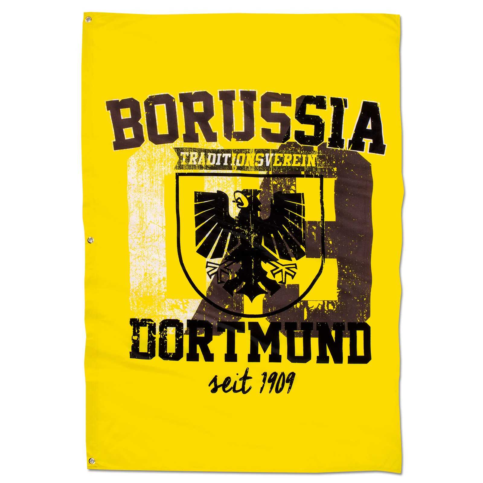 Vorderansicht der BVB-Hissfahne mit Stadtwappen (150 x 100 cm) in gelb mit schwarzem Stadtwappen, Borussia Dortmund Schriftzug und "seit 1909".