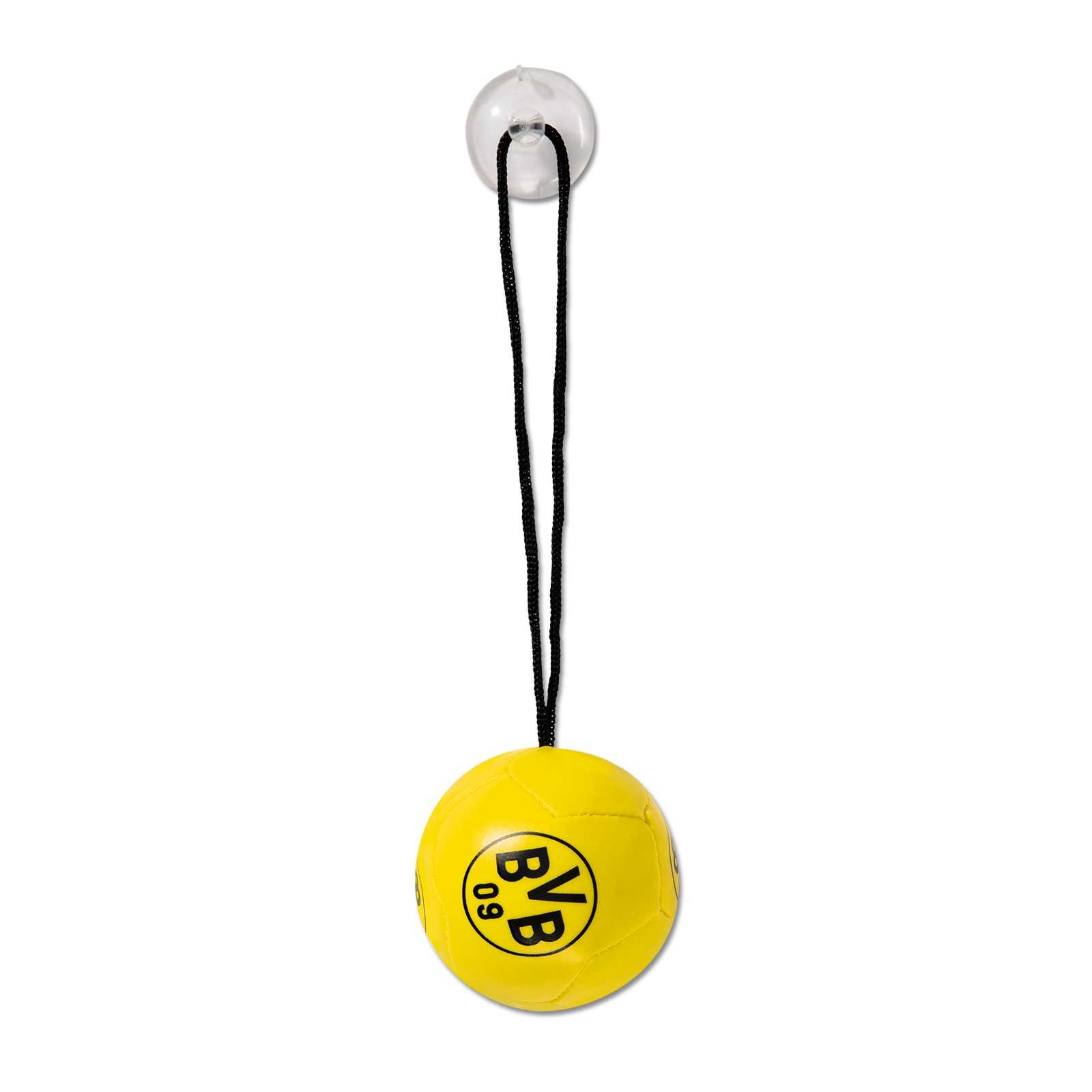 Frontalansicht des gelben BVB-Autospiegelballs mit schwarzgelbem BVB-Emblem, aufgehängt an einer schwarzen Schnur und Saugnapf.