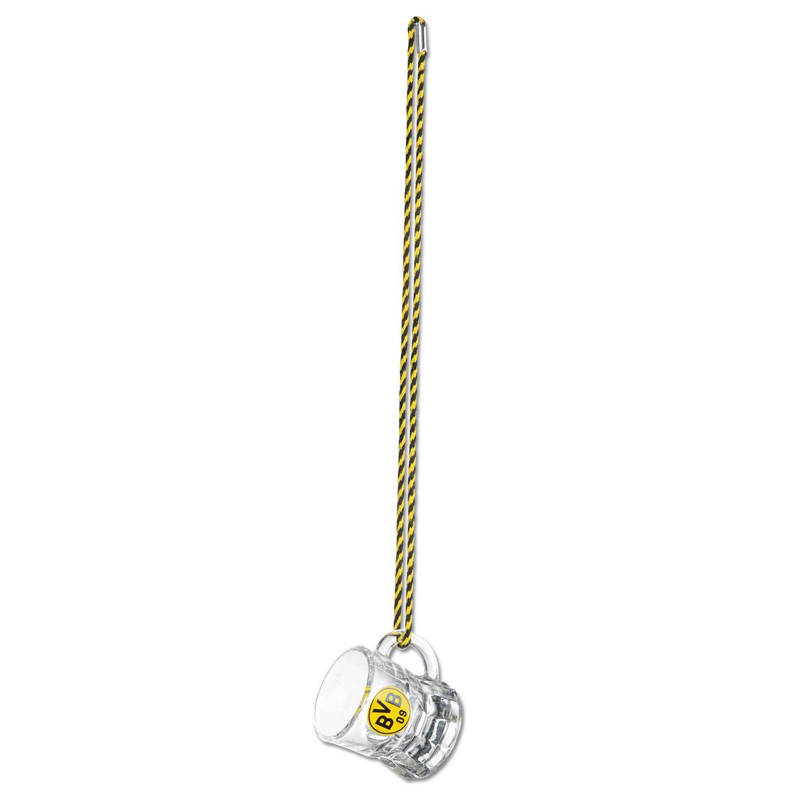 Frontalansicht des BVB-Schnapsglases mit schwarzgelber Kordel und BVB-Emblem auf dem Glas.