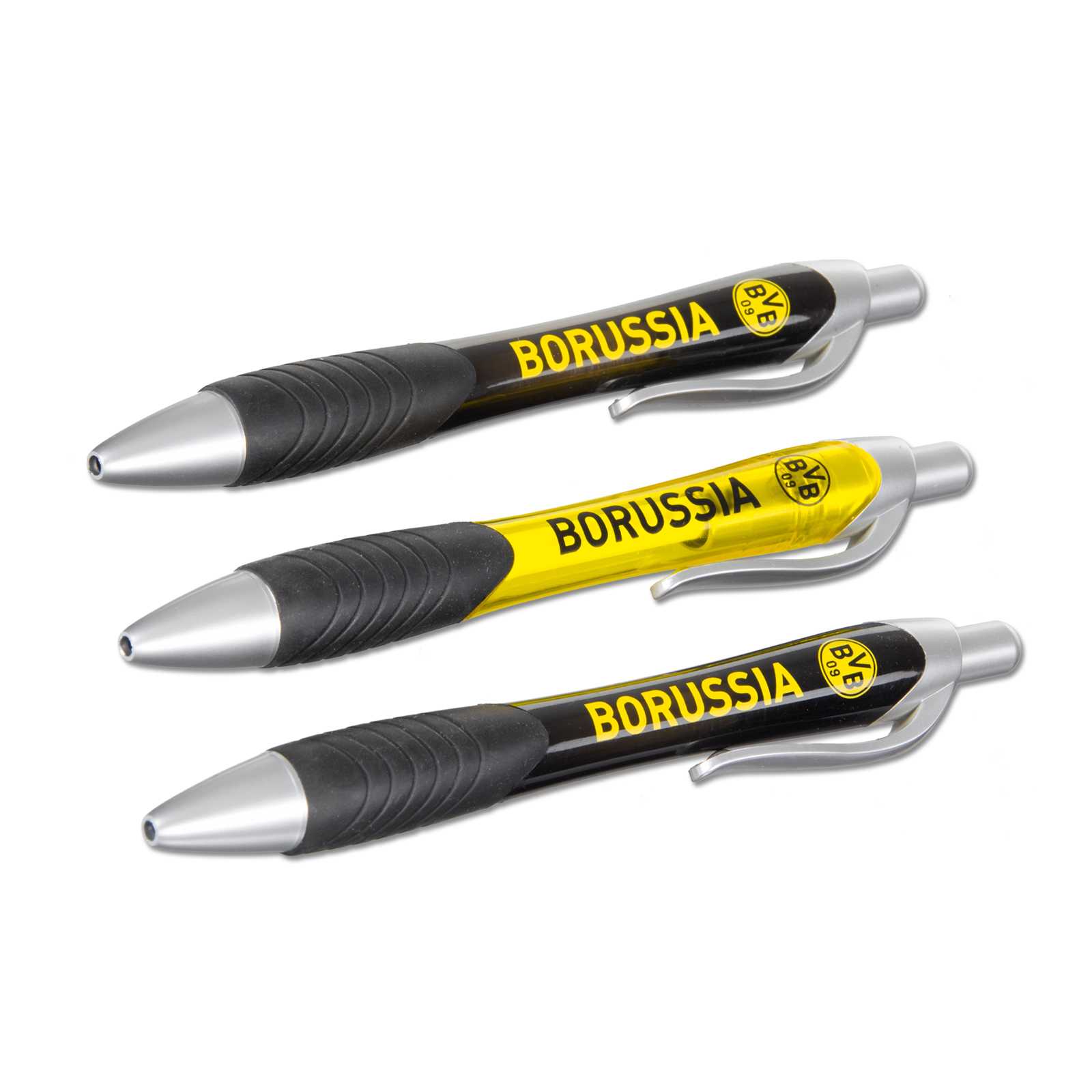 Frontalansicht des BVB-Kugelschreiber (3er-Set) in schwarzgelb mit BVB-Emblem und "BORUSSIA"-Schriftzug, silberne Spitze und Clip.