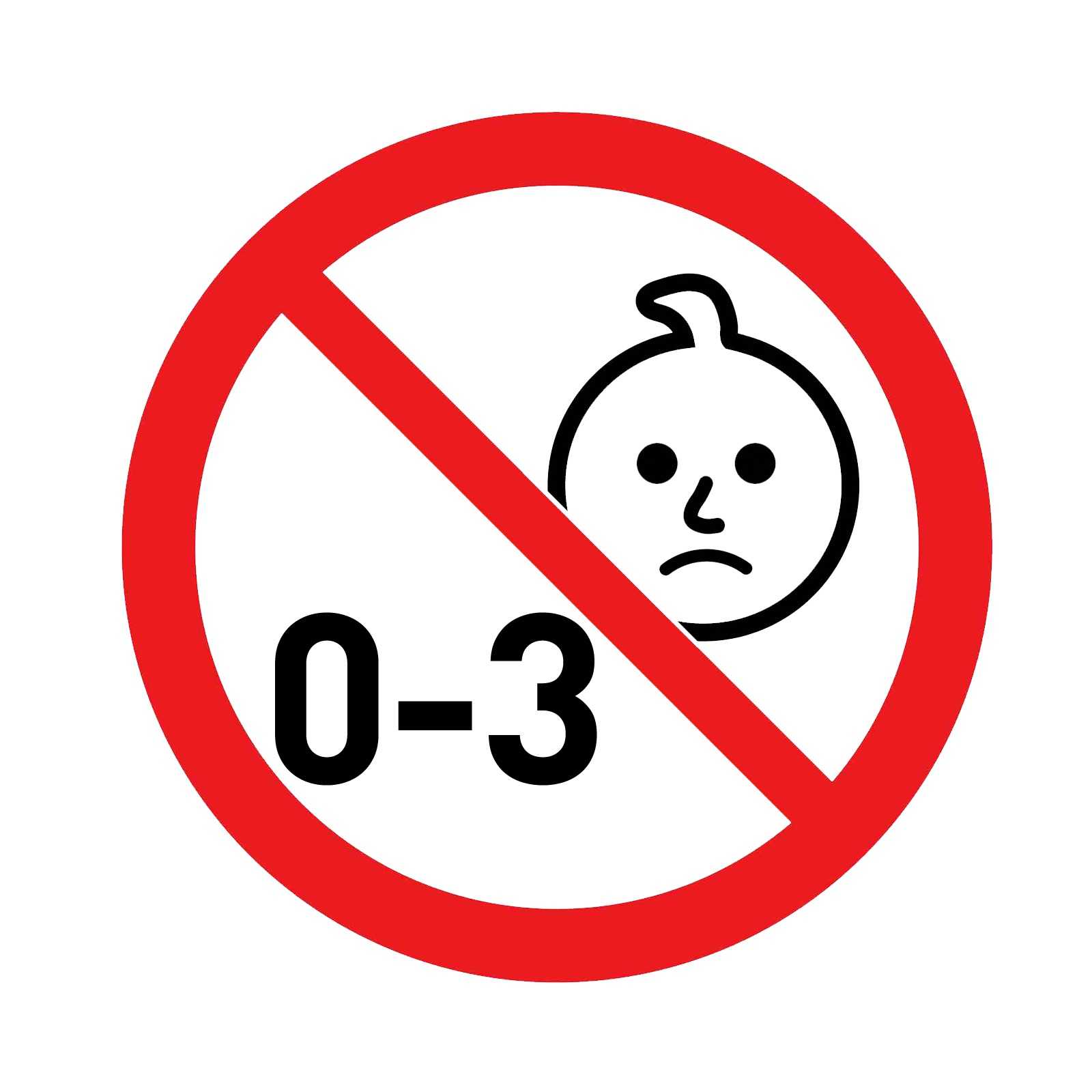 Warnhinweis auf dem BVB-Würfelbecher in der Frontansicht: Durchgestrichenes Symbol mit traurig blickendem Kind und "0-3", nicht geeignet für Kinder unter 3 Jahren.