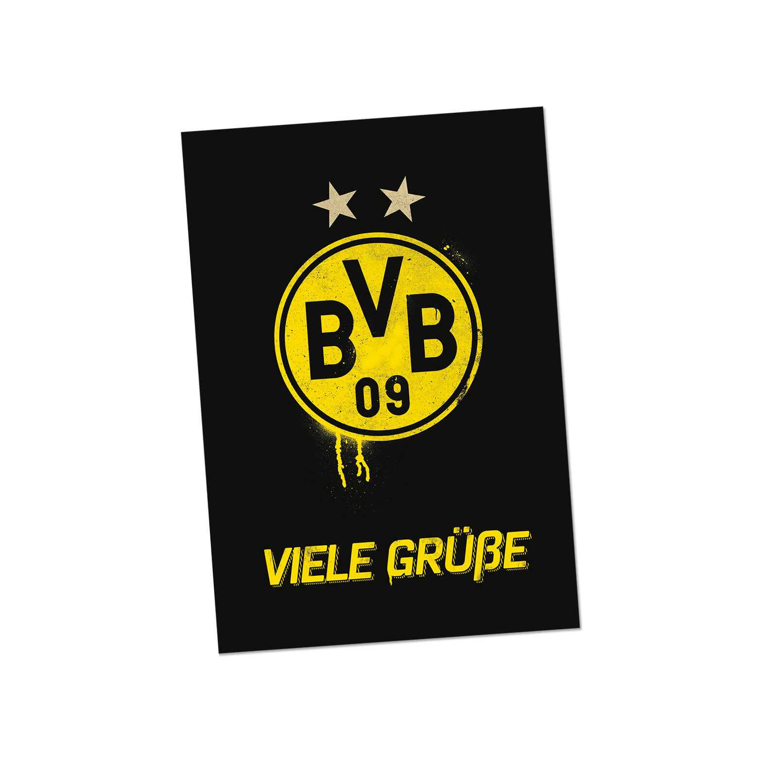 Vorderansicht der BVB-Grußkarte in schwarzgelb mit großem BVB-Emblem, zwei Sternen und dem Schriftzug „Viele Grüße“ auf schwarzem Hintergrund.