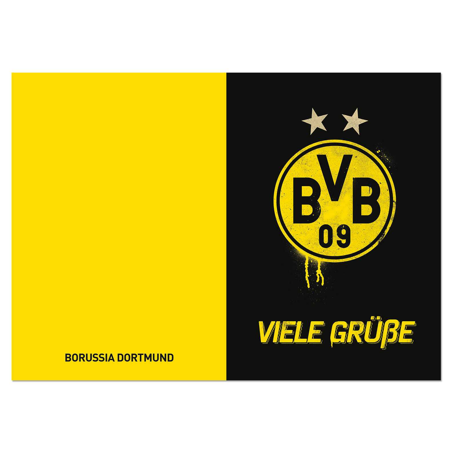 Vorderansicht der BVB-Grußkarte in schwarzgelb mit großem BVB-Emblem, zwei Sternen und dem Schriftzug "VIELE GRÜßE" sowie "BORUSSIA DORTMUND".