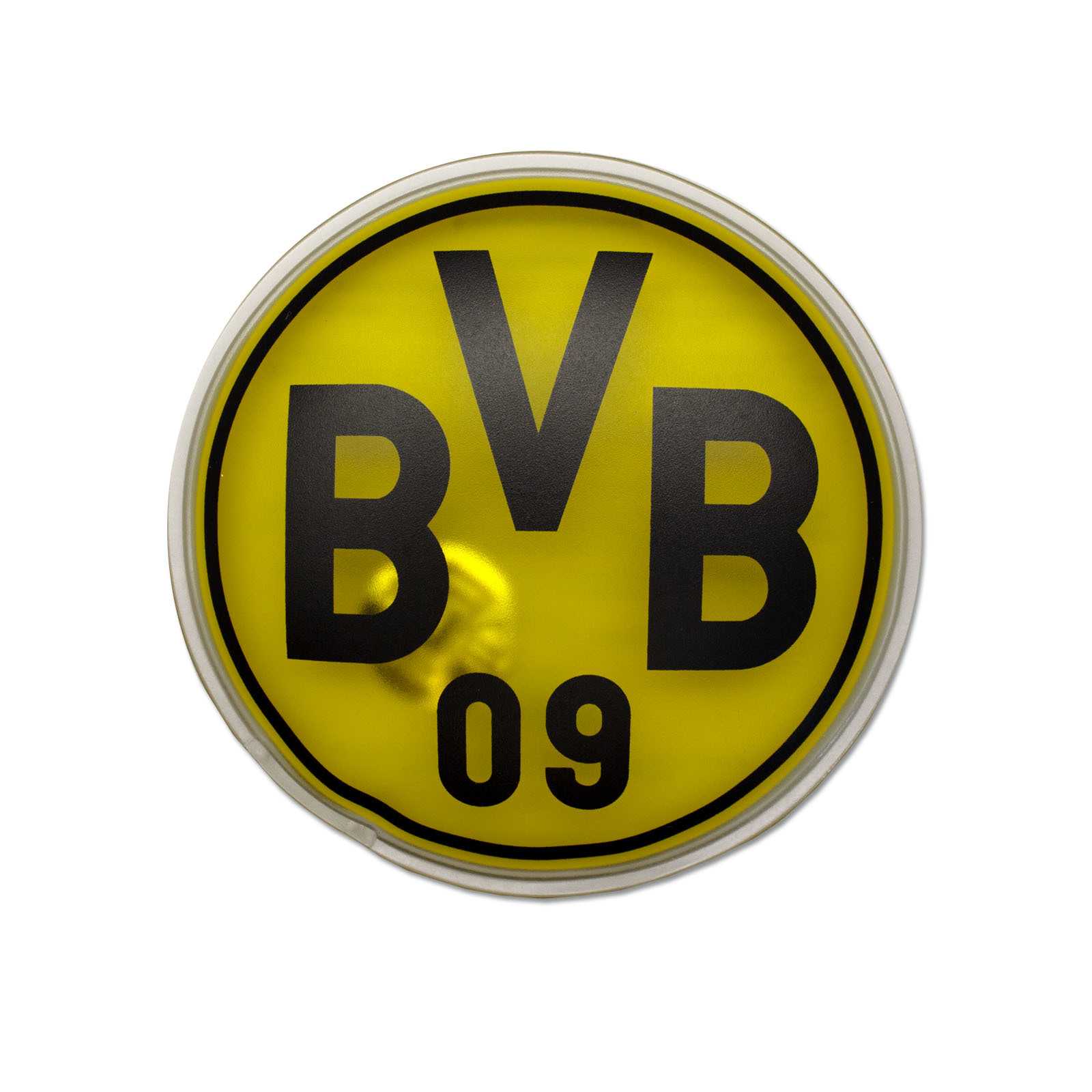 Vorderansicht des BVB-Handwärmers in runder Form, komplett in schwarzgelb gestaltet und mit großem BVB-Emblem in der Mitte.