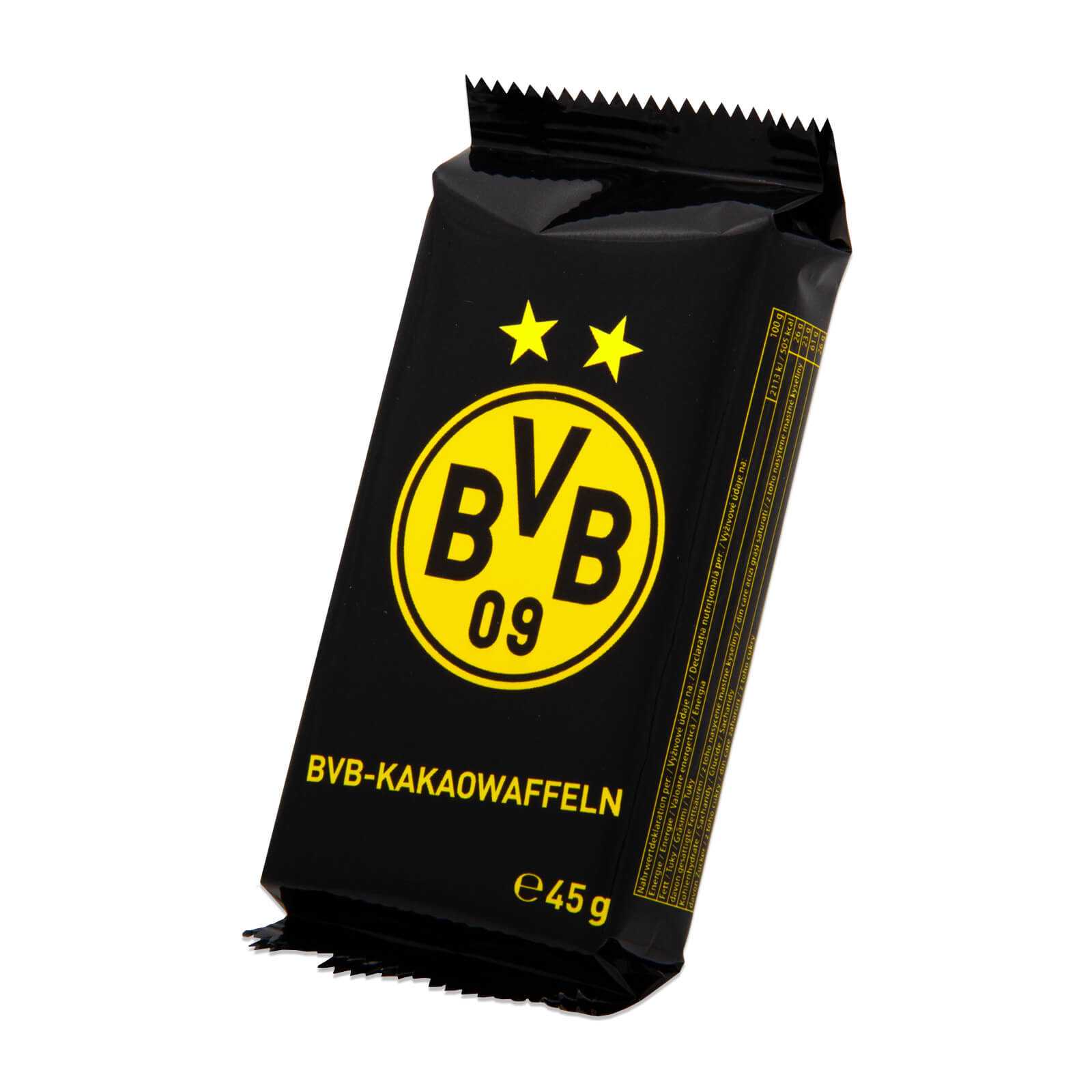 Frontansicht der schwarzgelben BVB-Kakaowaffeln (225g) in schwarzer Verpackung mit großem BVB-Emblem und gelber Produktaufschrift.
