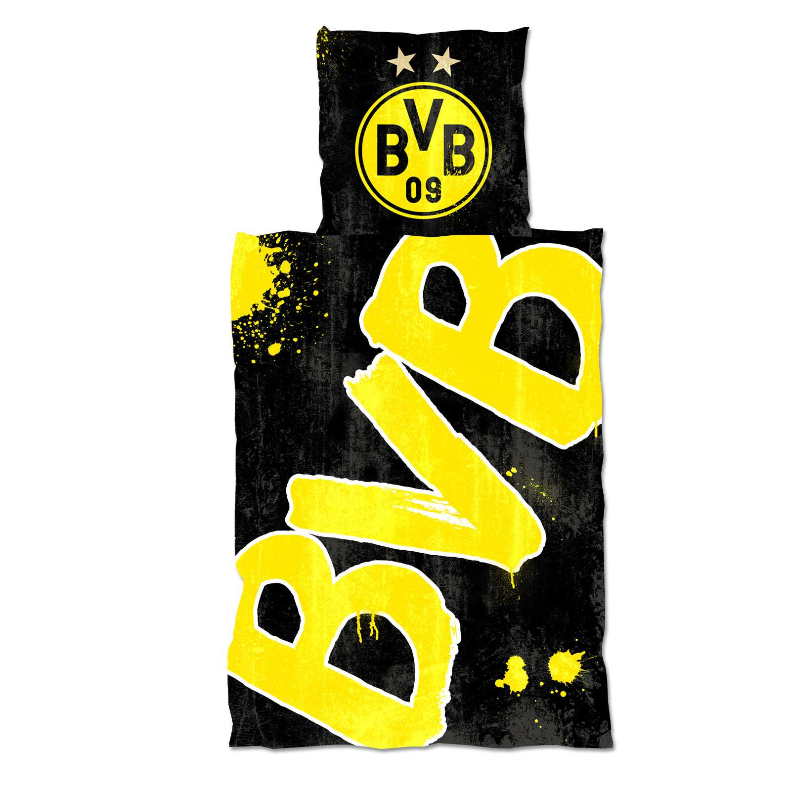 Frontalansicht der BVB-Bettwäsche Glow in the Dark (135x200cm) in schwarzgelb mit großem BVB-Schriftzug und prominentem BVB-Emblem auf dem Kissen.