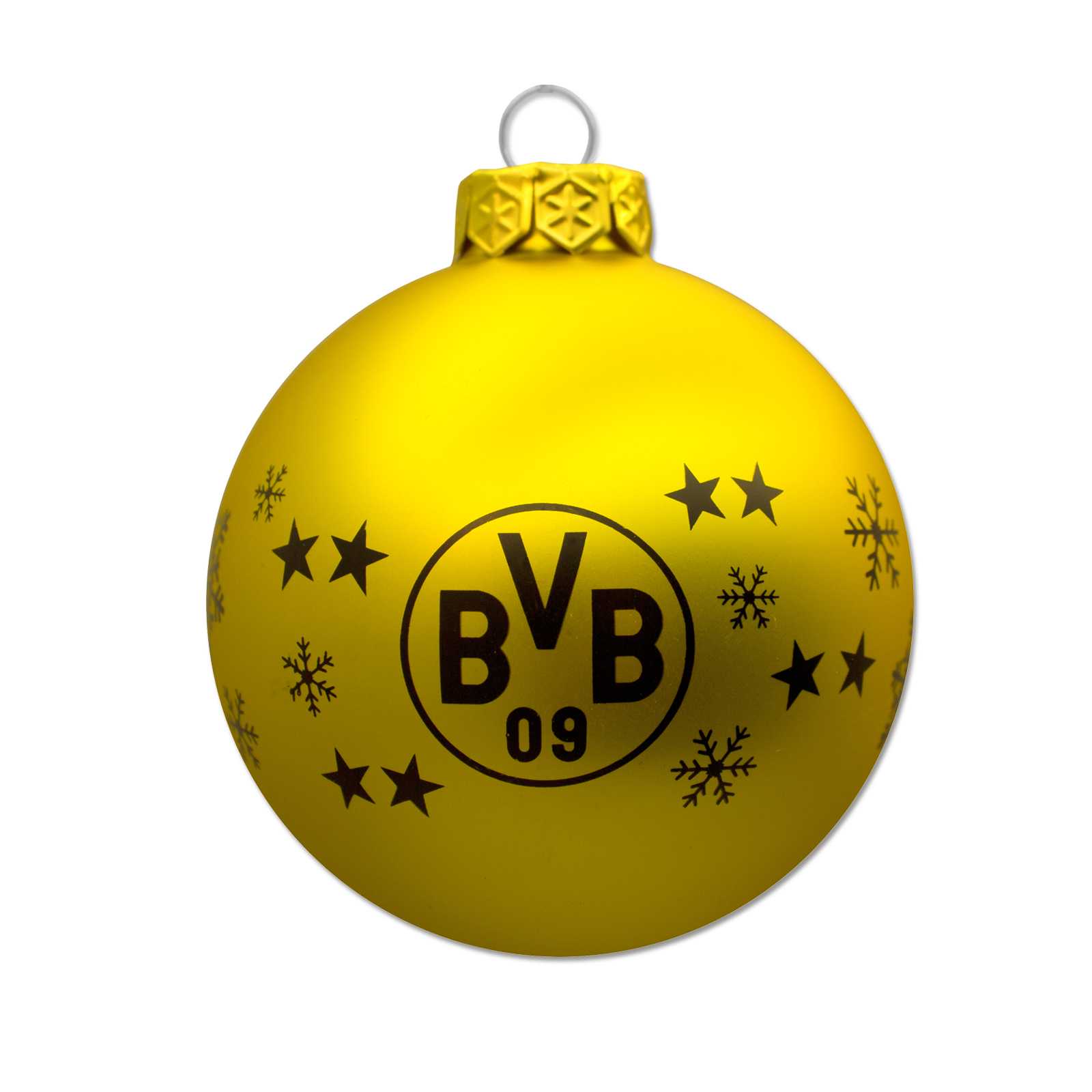 Vorderansicht einer gelben BVB-Christbaumkugel (4er Set) mit schwarzgelbem BVB-Emblem, Sternen und Schneeflocken als Dekor.