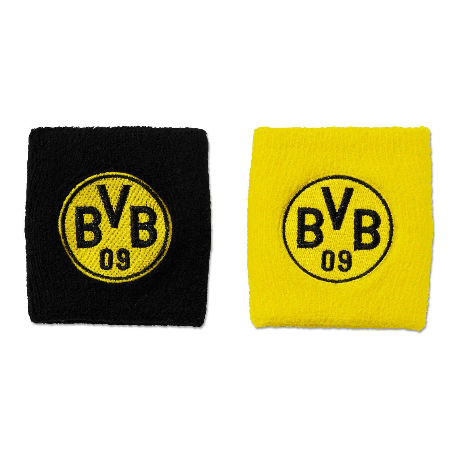 BVB-Schweißband (2er-Set) in schwarzgelb, jeweils mit gesticktem BVB-Emblem, Vorderansicht der beiden Schweißbänder nebeneinander.