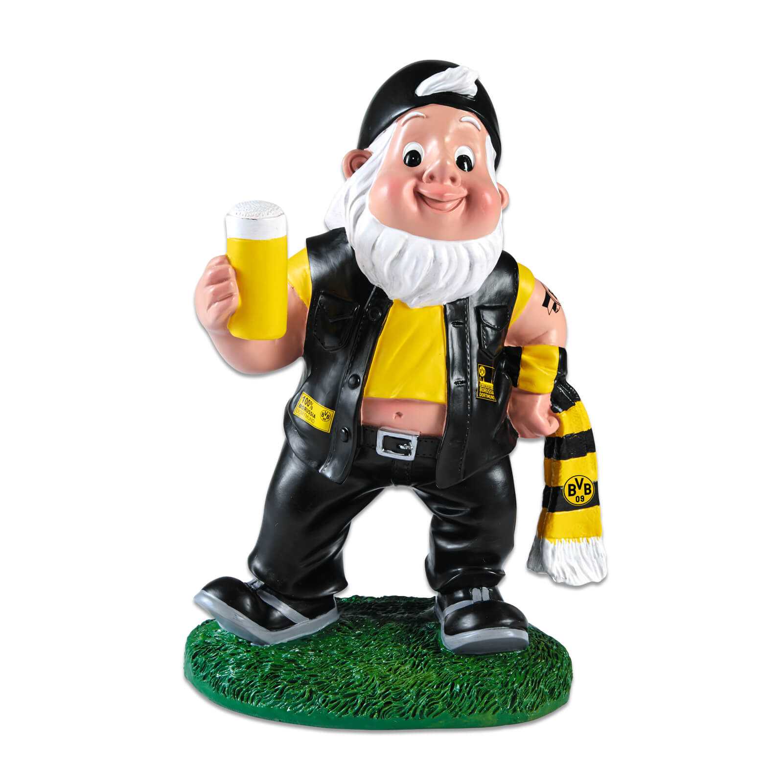 Frontalansicht des BVB-Gartenzwerg Kutte mit schwarzgelber Kutte, Bierkrug und BVB-Schal, BVB 09-Emblem auf dem Schal gut sichtbar.