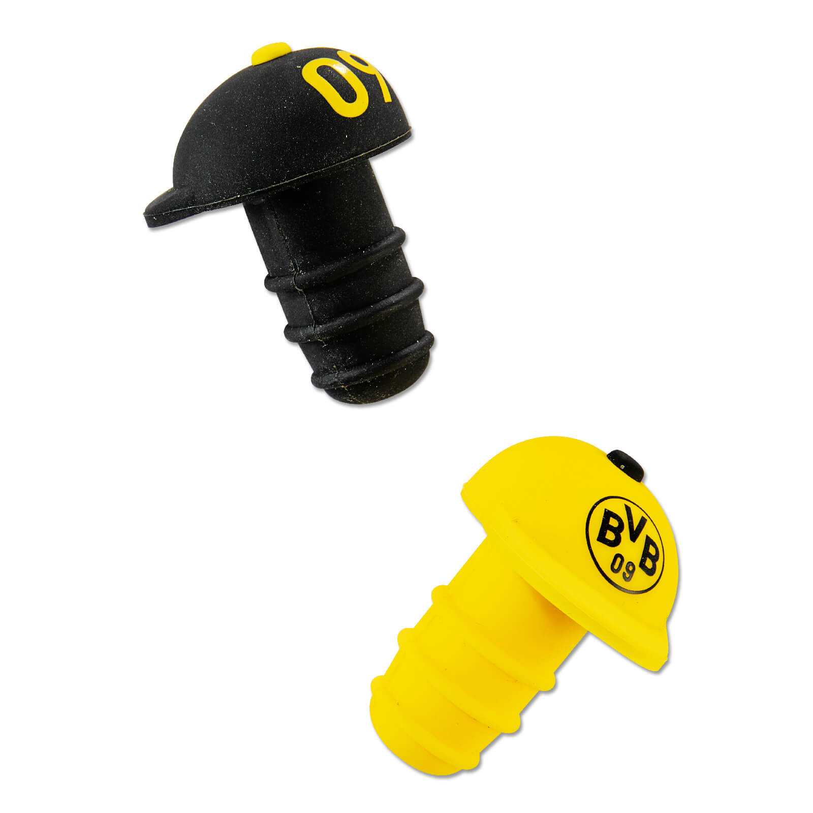 BVB-Flaschenverschluss (2er Set) in schwarzgelb, einer mit BVB-Emblem und einer mit gelber "09" Aufschrift. Draufsicht auf beide Verschlüsse.