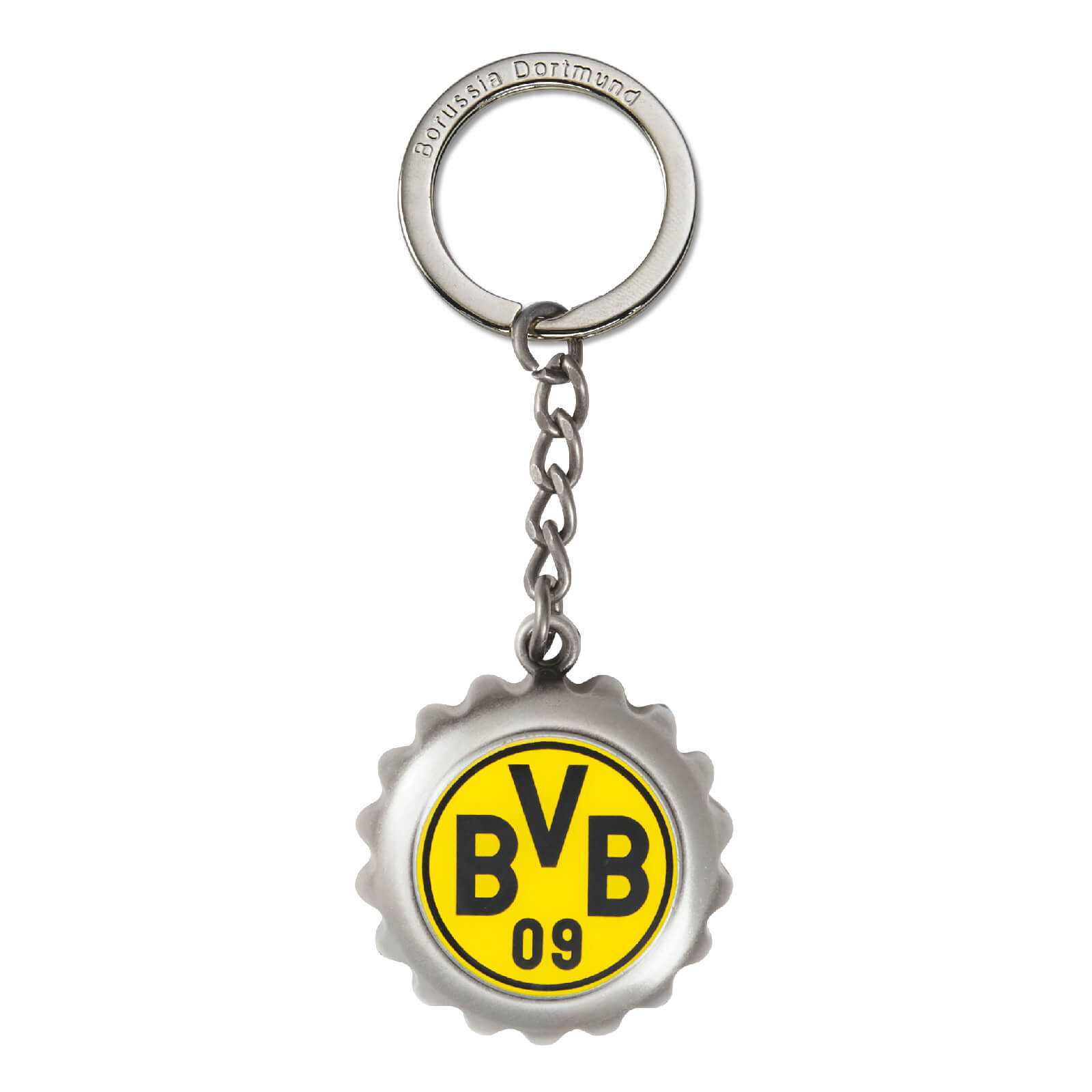 Vorderansicht des BVB-Schlüsselanhängers Kronkorken in silber mit gelbem BVB-Emblem im Kronkorken-Design. Der Schlüsselring trägt die Gravur "Borussia Dortmund".