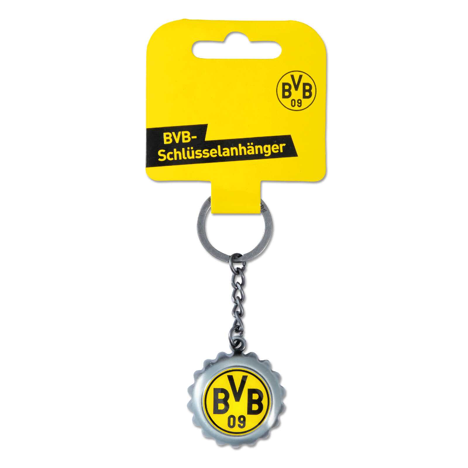 Vorderansicht des BVB-Schlüsselanhänger Kronkorken in silberner Kronkorkenform mit gelbem BVB-Emblem, befestigt an einer schwarzgelben Verpackung.