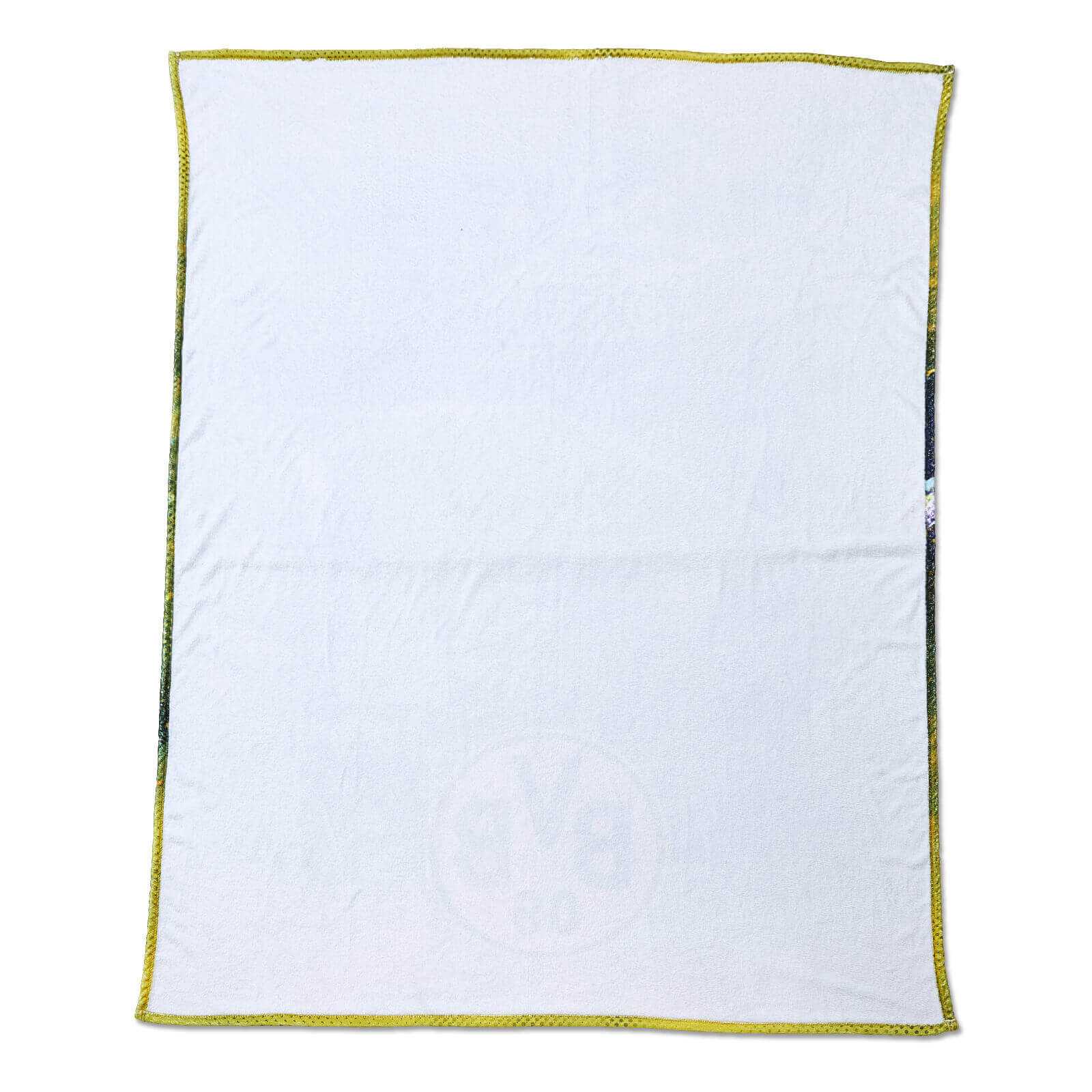 Vorderansicht der BVB-Fleecedecke mit Stadionprint (150x200cm), sichtbare gelbe Umrandung und dezentem BVB-Emblem auf der weißen Fläche.