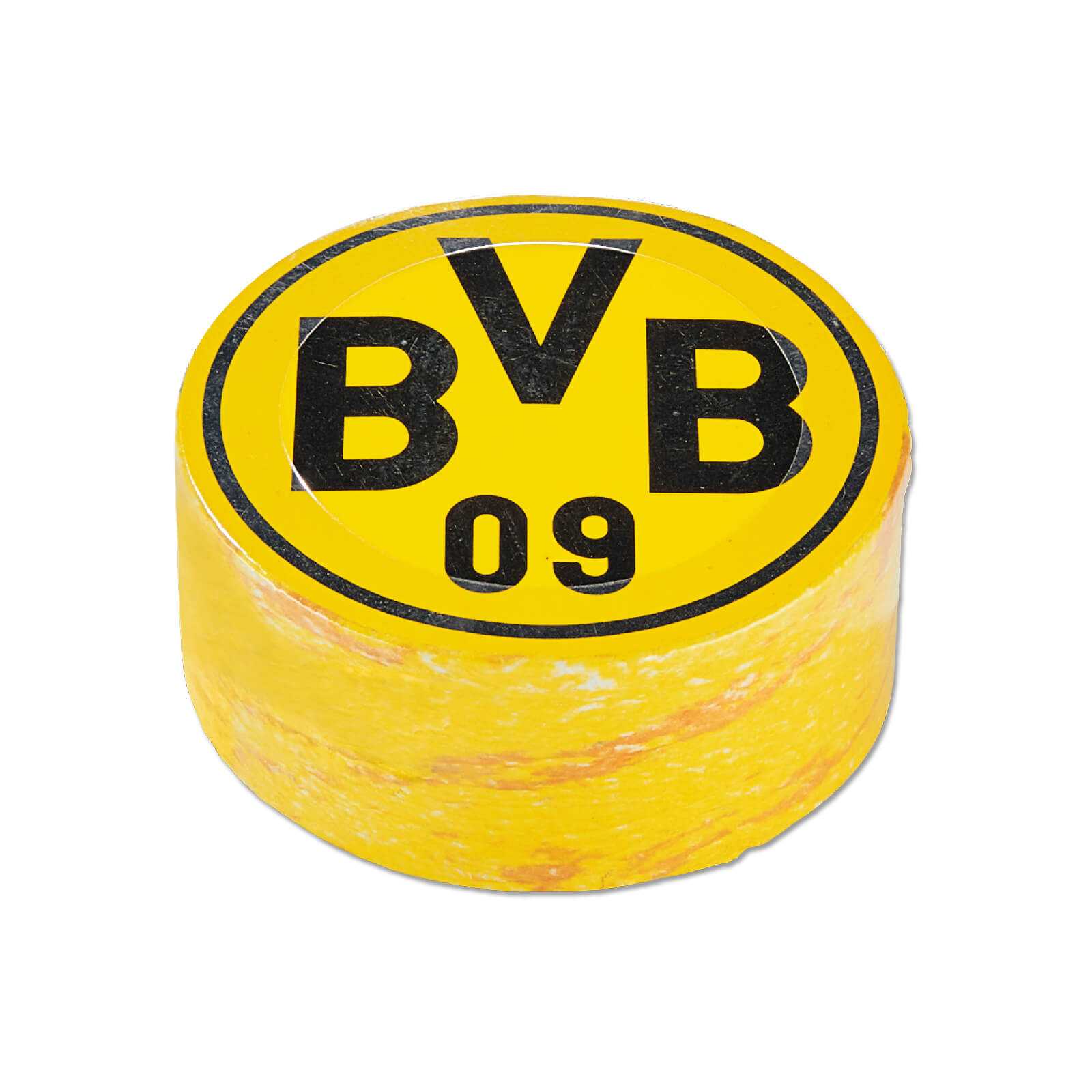 Frontalansicht des BVB-Zauberhandtuchs in runder, komprimierter Form, mit großem BVB-Emblem auf der oberseitigen Fläche in schwarzgelb.