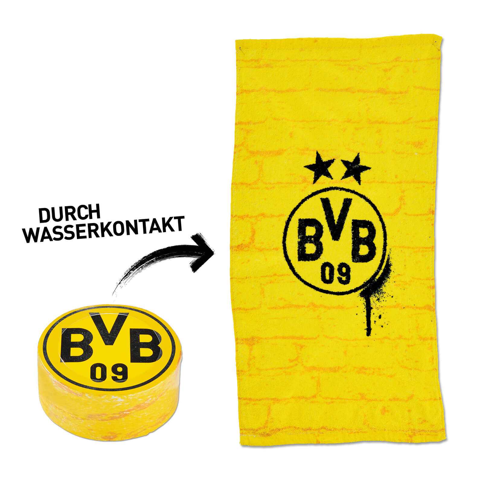 Vorderansicht des BVB-Zauberhandtuchs in gelb mit schwarzgelbem BVB-Emblem und Backsteinmuster, sowie kompaktem Handtuch im runden Format.
