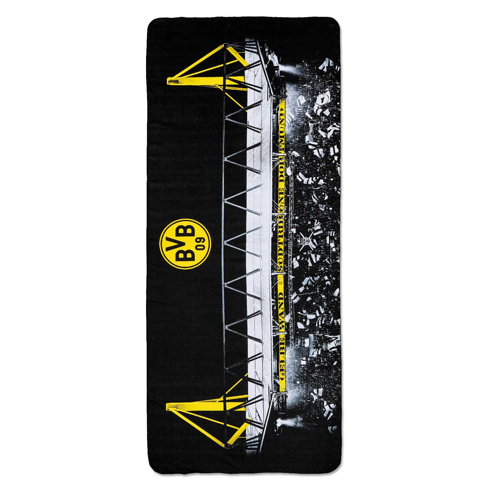 Frontalansicht des schwarzgelben BVB-Microfaser-Handtuchs (75x180) mit SIGNAL IDUNA PARK und großem BVB-Emblem als Motiv.