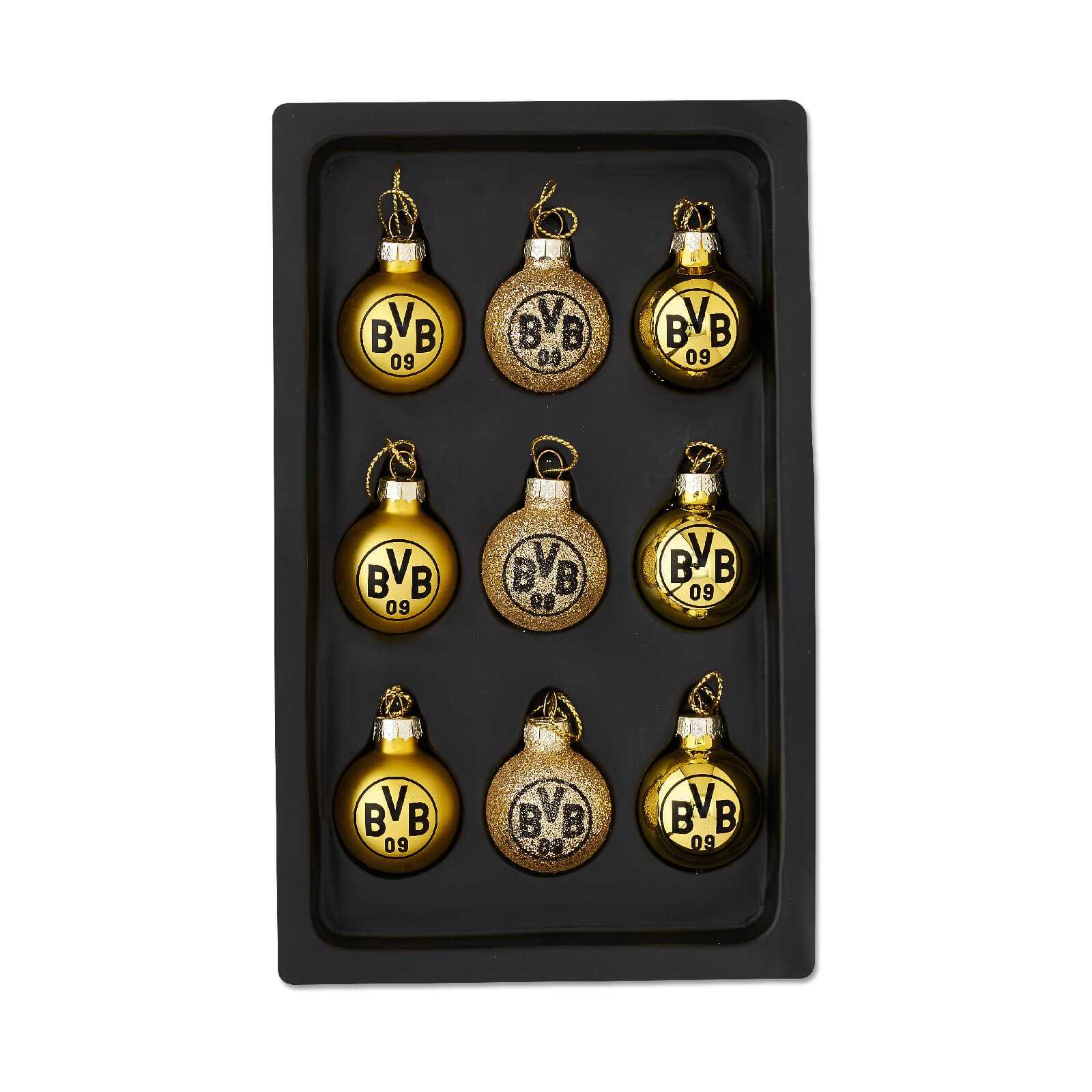 Die neun Christbaumkugeln in der schwarzen Innen-Verpackung.