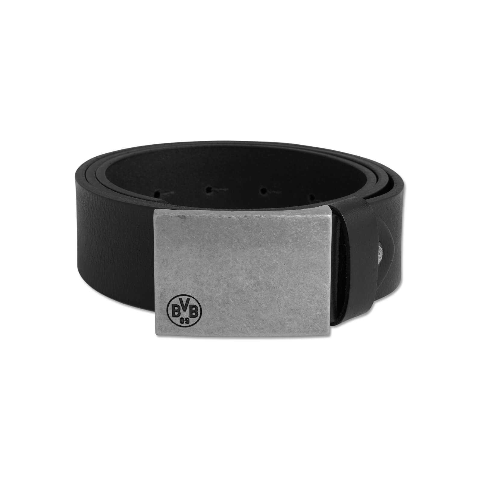 Vorderansicht des BVB-Ledergürtels mit silberfarbener Koppelschnalle und BVB-Emblem; schwarzer Gürtel aus Leder.
