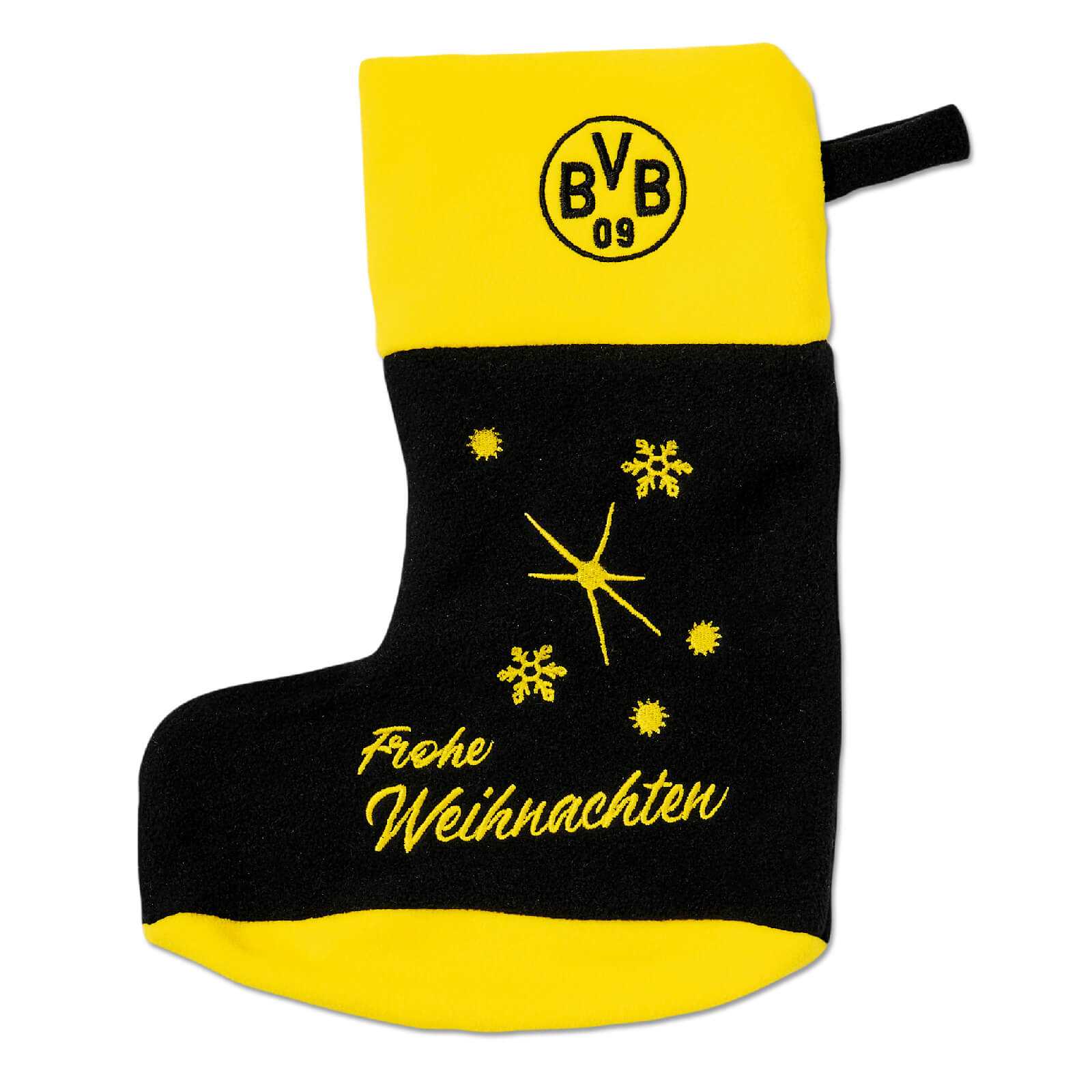 Frontansicht des schwarzgelben BVB-Weihnachtsstrumpfs mit BVB-Emblem, gelben Sternen, Schneeflocken und „Frohe Weihnachten“-Schriftzug.